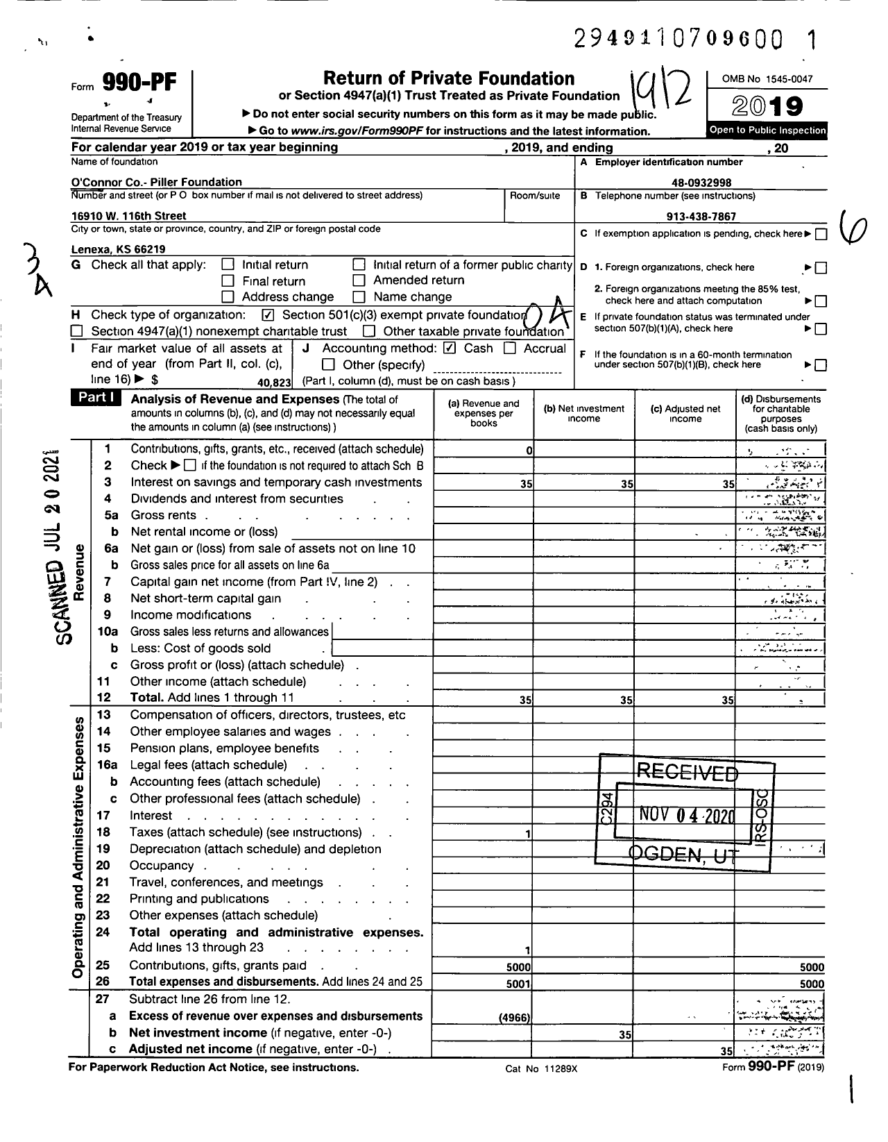 Image of first page of 2019 Form 990PF for O'Connor Co-Piller Foundation