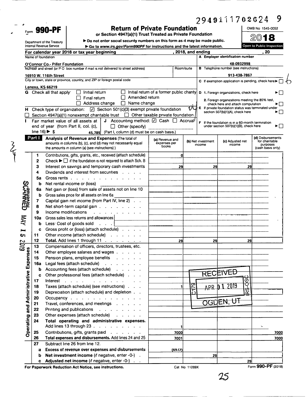 Image of first page of 2018 Form 990PF for O'Connor Co-Piller Foundation