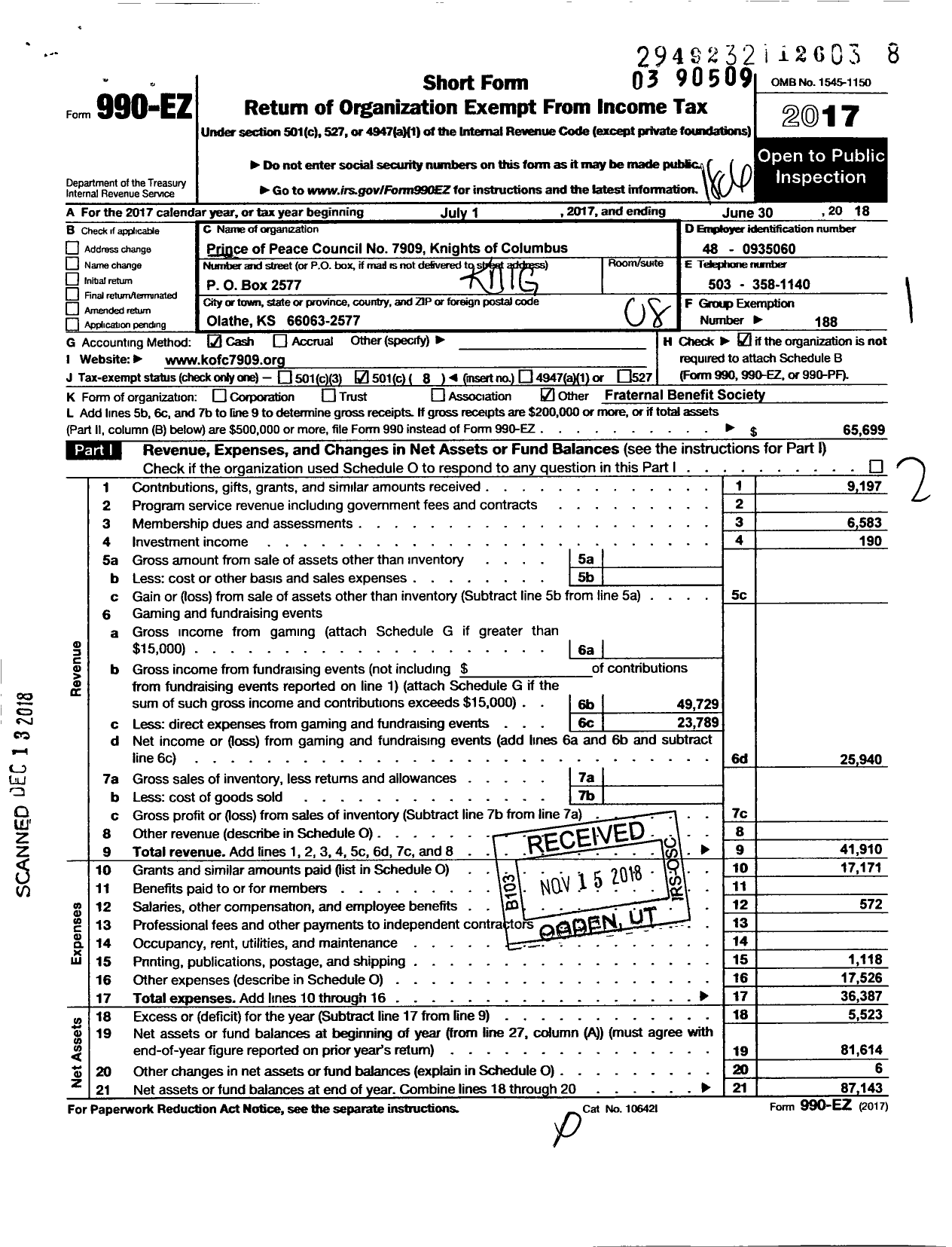 Image of first page of 2017 Form 990EO for Knights of Columbus - 7909 Prince of Peace Council