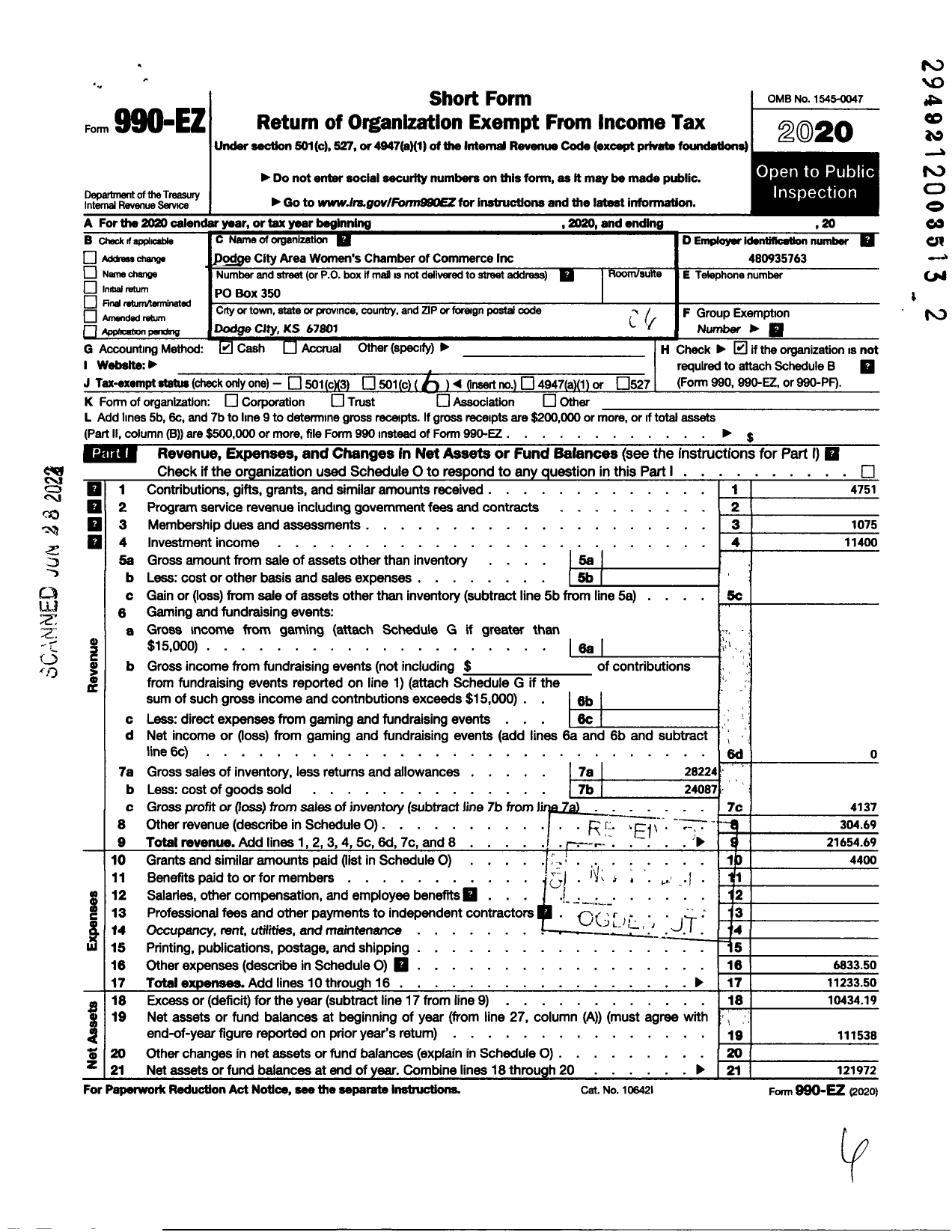 Image of first page of 2020 Form 990EO for Dodge City Area Womens Chamber of Commerce