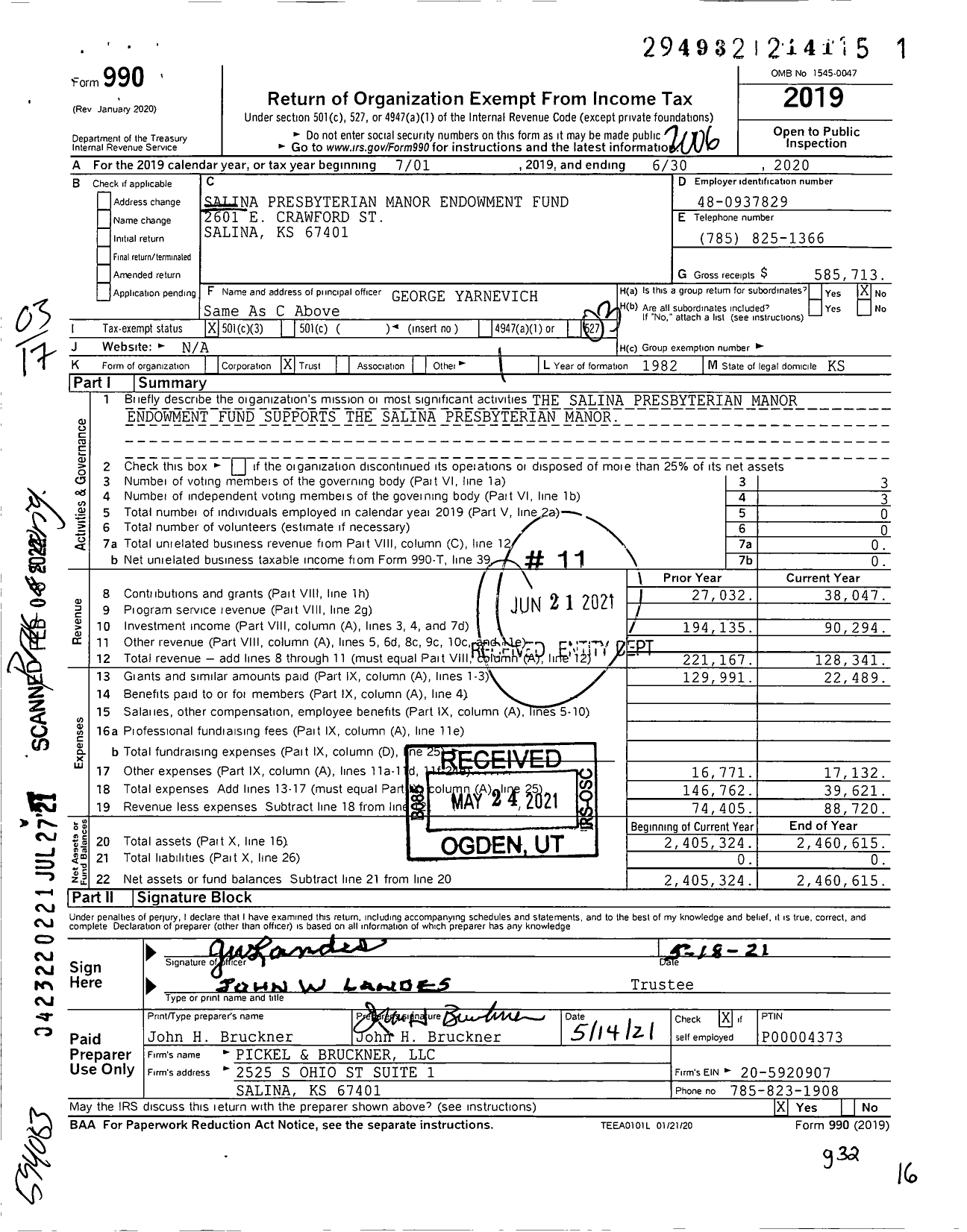 Image of first page of 2019 Form 990 for Salina Presbyterian Manor Endowment Fund