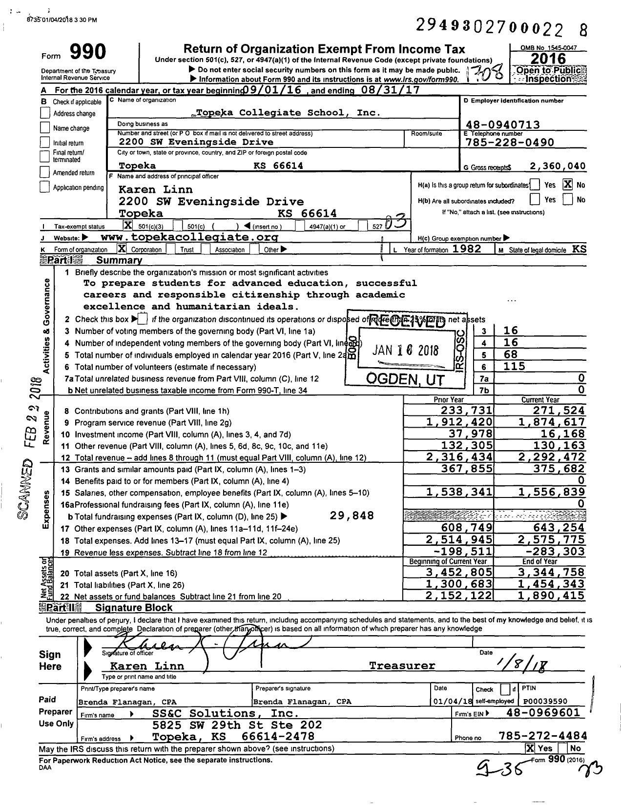 Image of first page of 2016 Form 990 for Topeka Collegiate School
