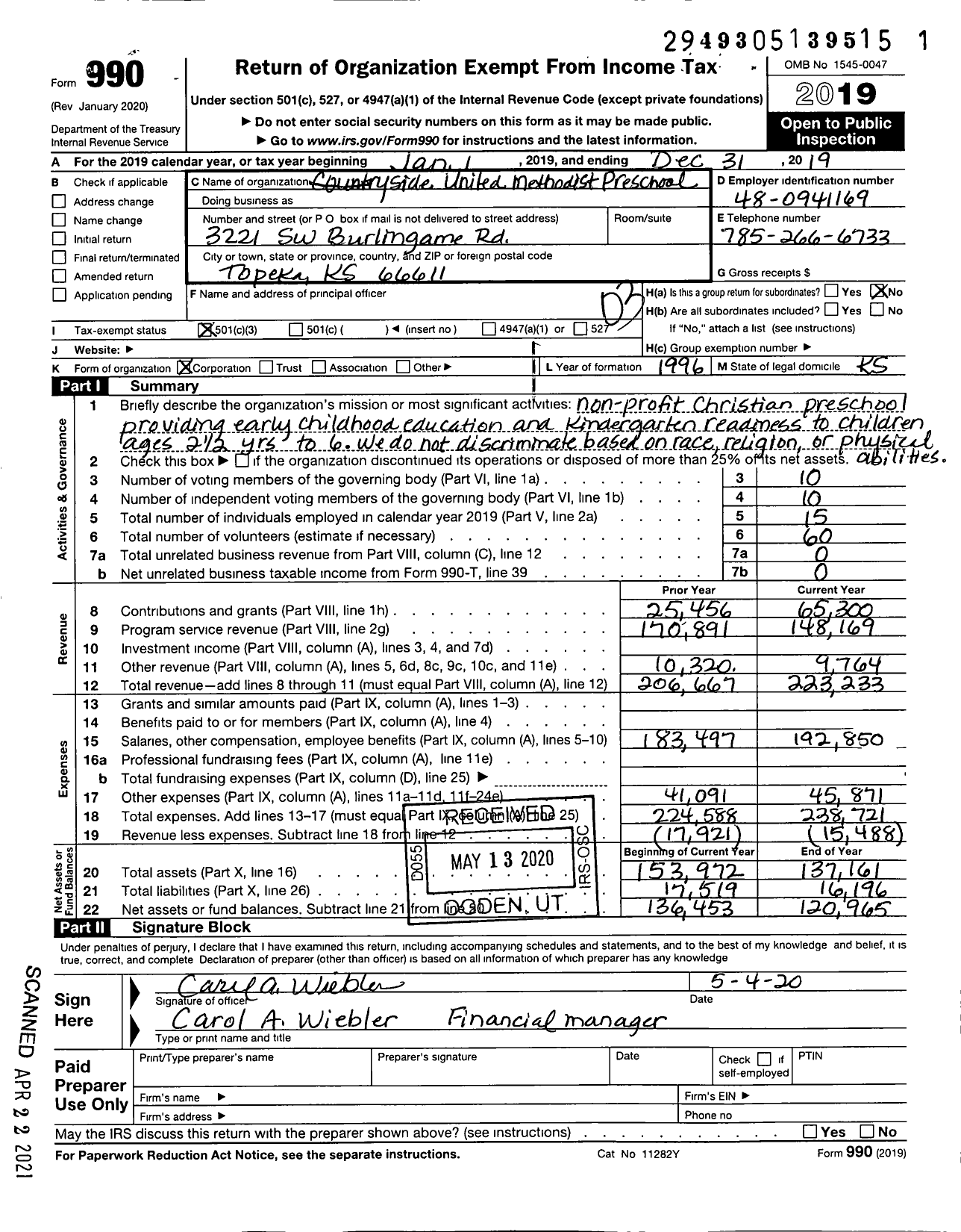 Image of first page of 2019 Form 990 for Countryside Child Development Center