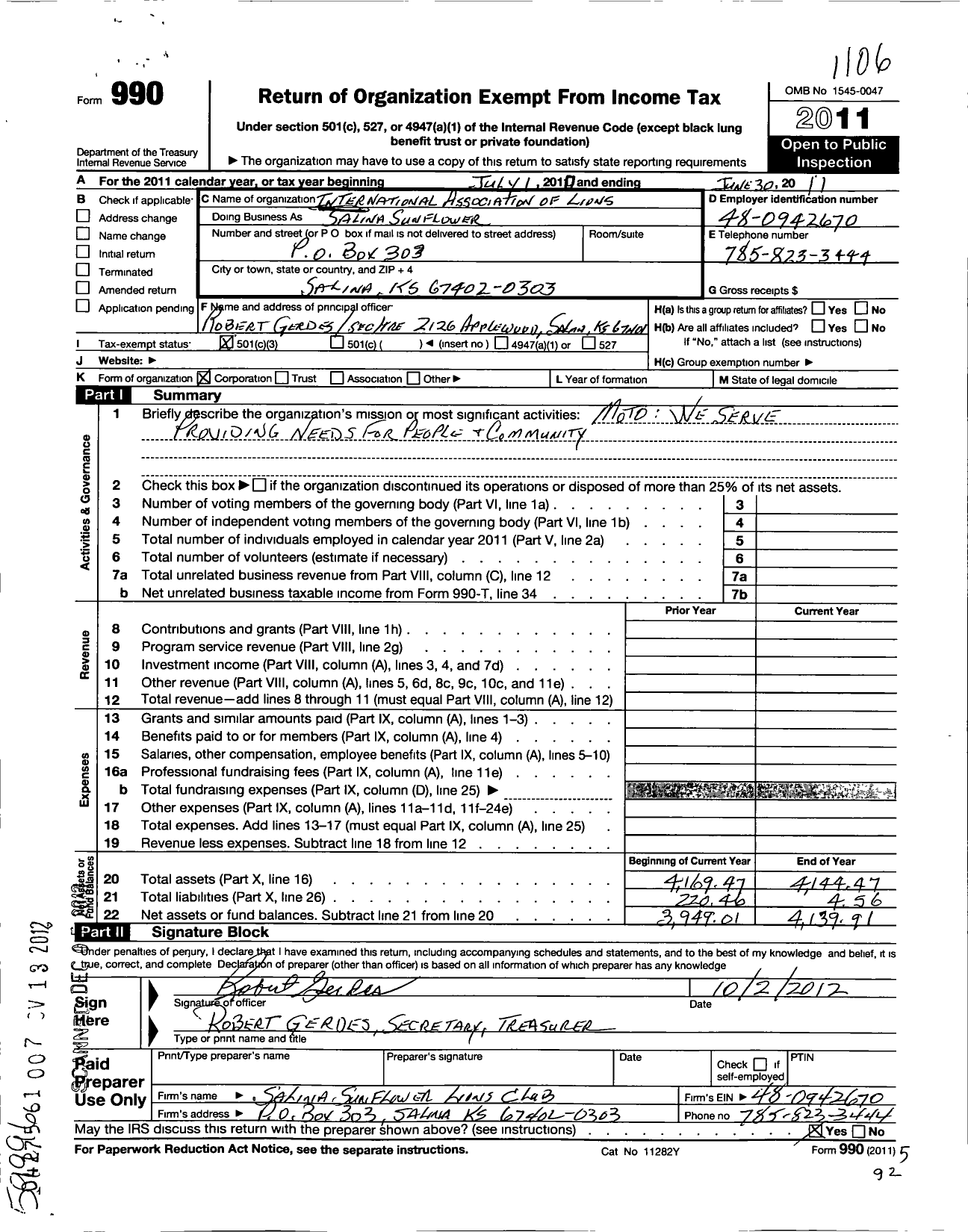 Image of first page of 2010 Form 990EZ for Lions Clubs - Salina Sunflower