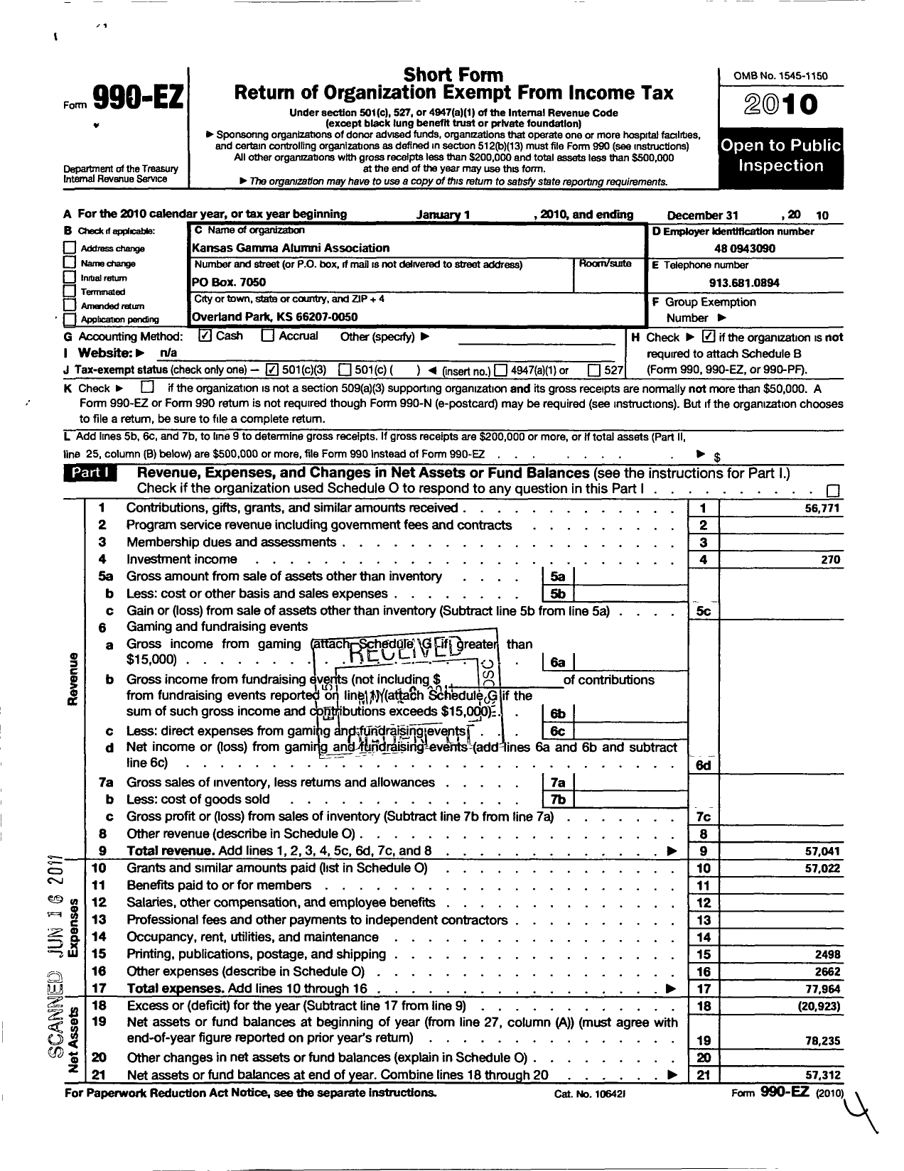 Image of first page of 2010 Form 990EZ for The Kansas Gamma Alumni Association