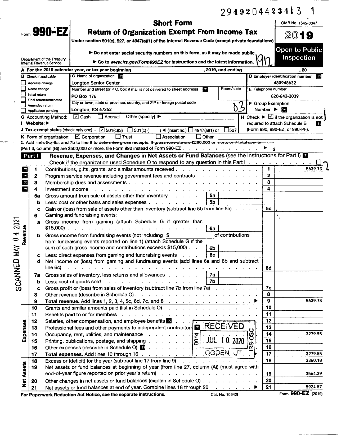 Image of first page of 2019 Form 990EZ for Longton Senior Citizens