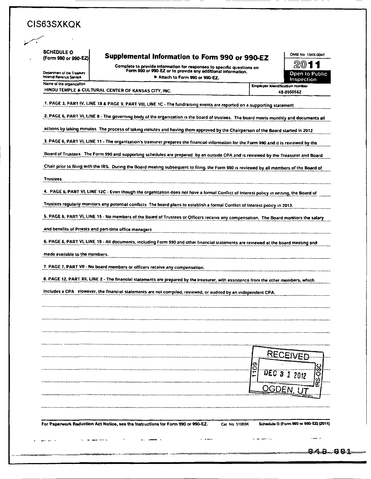 Image of first page of 2011 Form 990R for Hindu Temple and Cultural Center of Kansas City