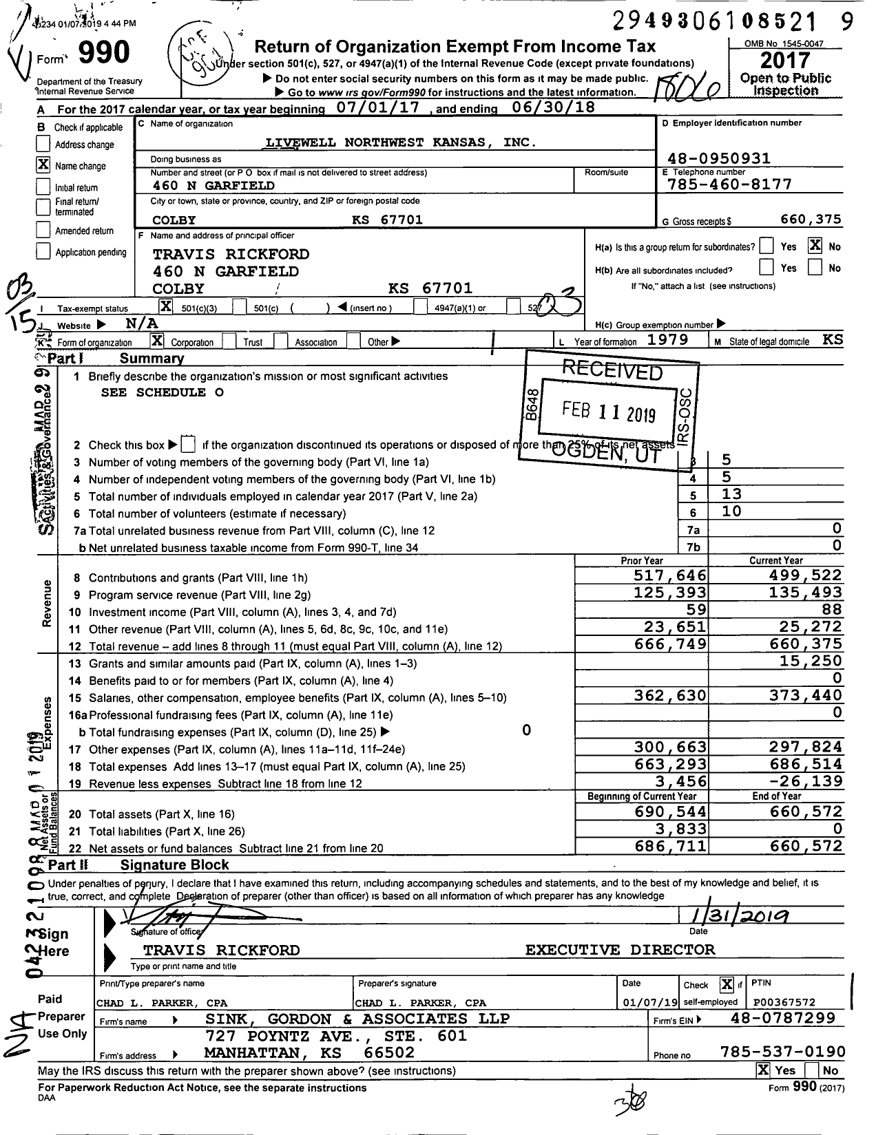 Image of first page of 2017 Form 990 for Livewell Northwest Kansas