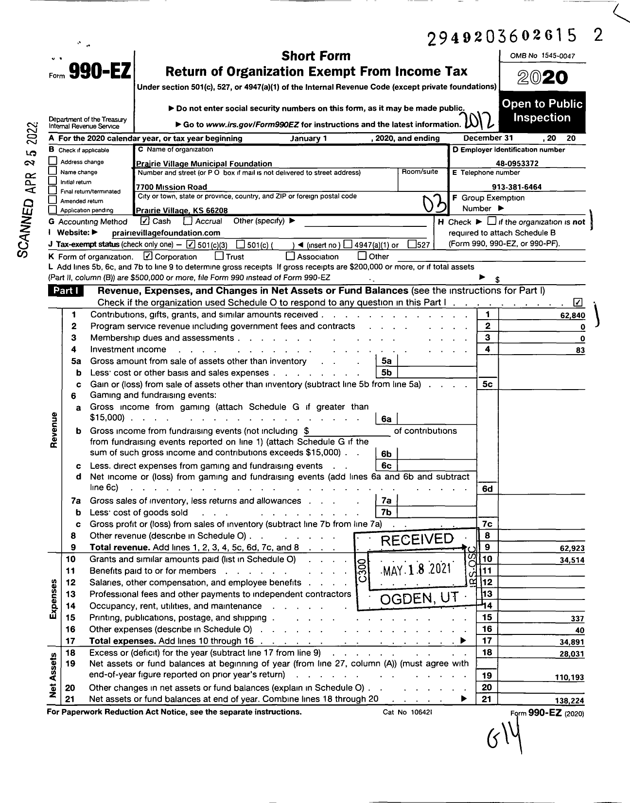 Image of first page of 2020 Form 990EZ for Prairie Village Municipal Foundation