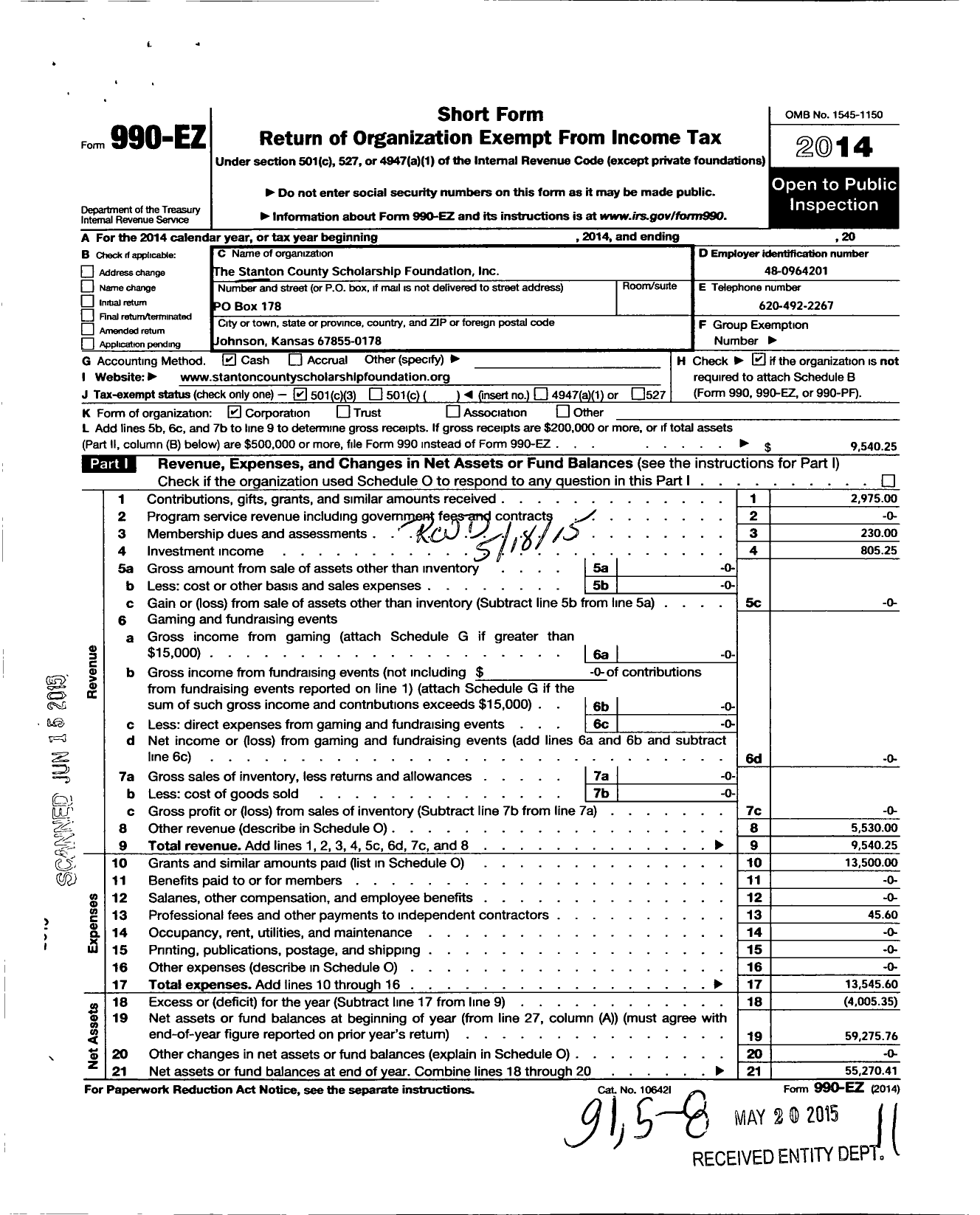 Image of first page of 2014 Form 990EZ for The Stanton County Scholarship Foundation