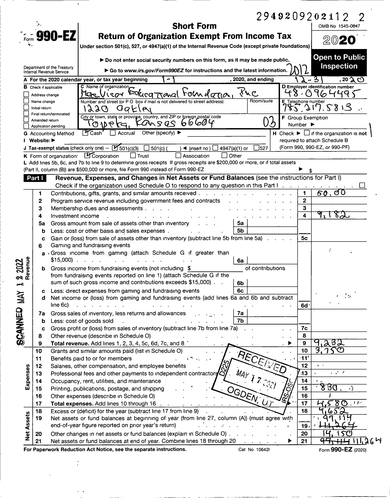 Image of first page of 2020 Form 990EZ for MacVicar Educational Foundation