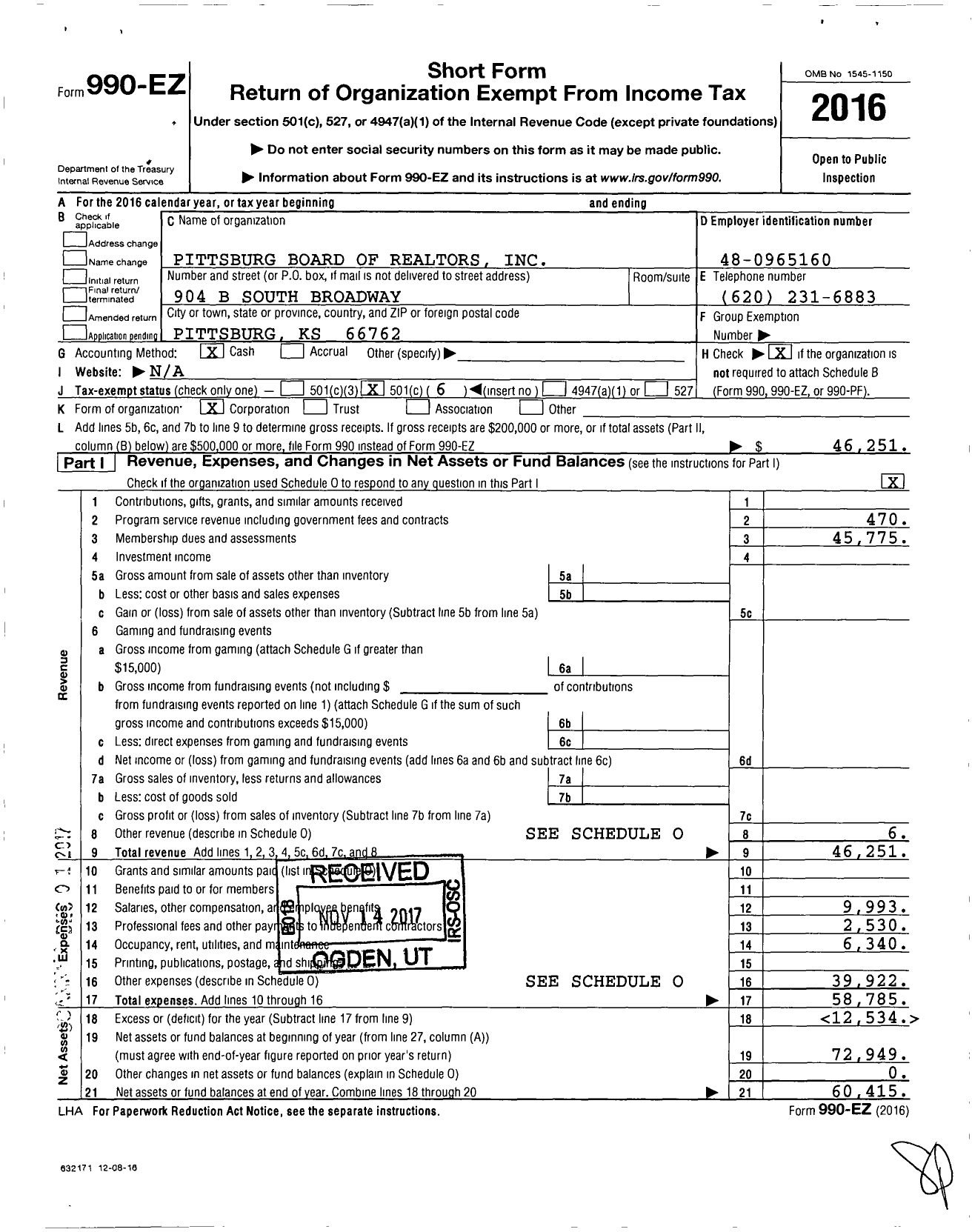 Image of first page of 2016 Form 990EO for Pittsburg Board of Realtors