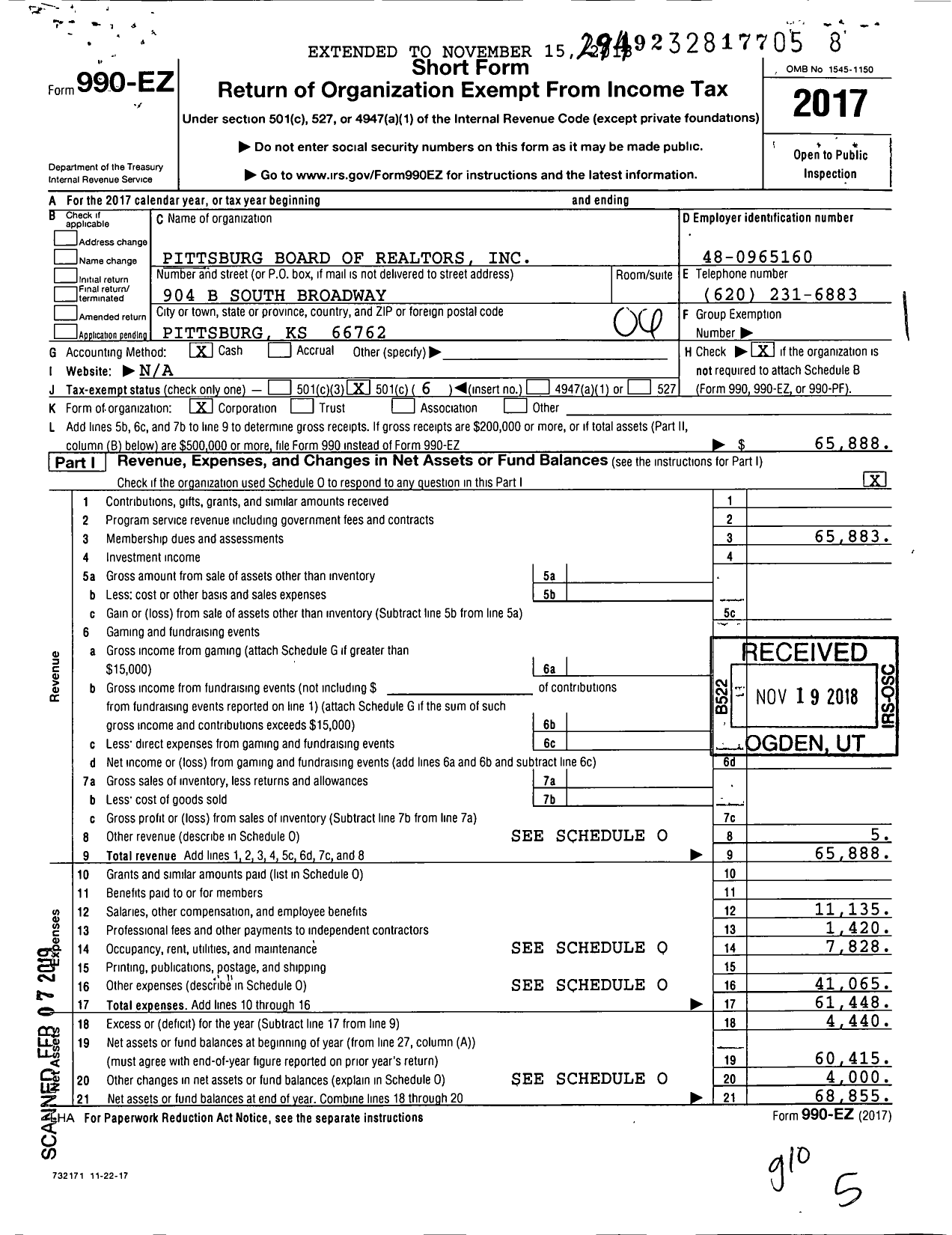 Image of first page of 2017 Form 990EO for Pittsburg Board of Realtors