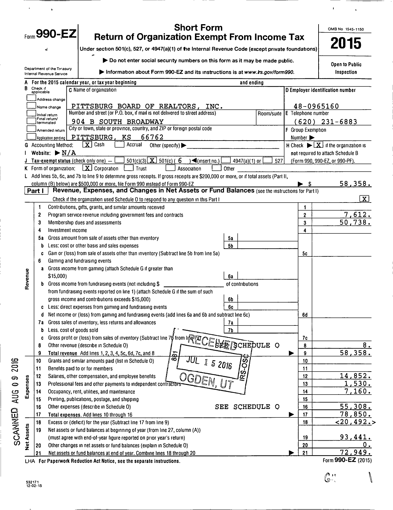 Image of first page of 2015 Form 990EO for Pittsburg Board of Realtors