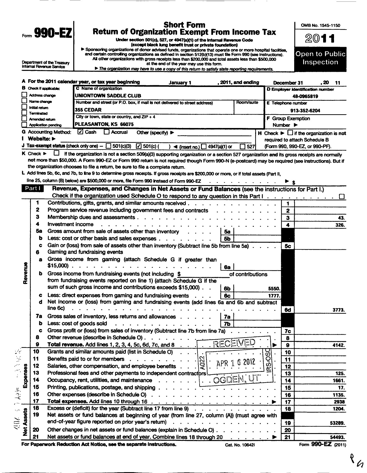 Image of first page of 2011 Form 990EO for Uniontown Saddle Club