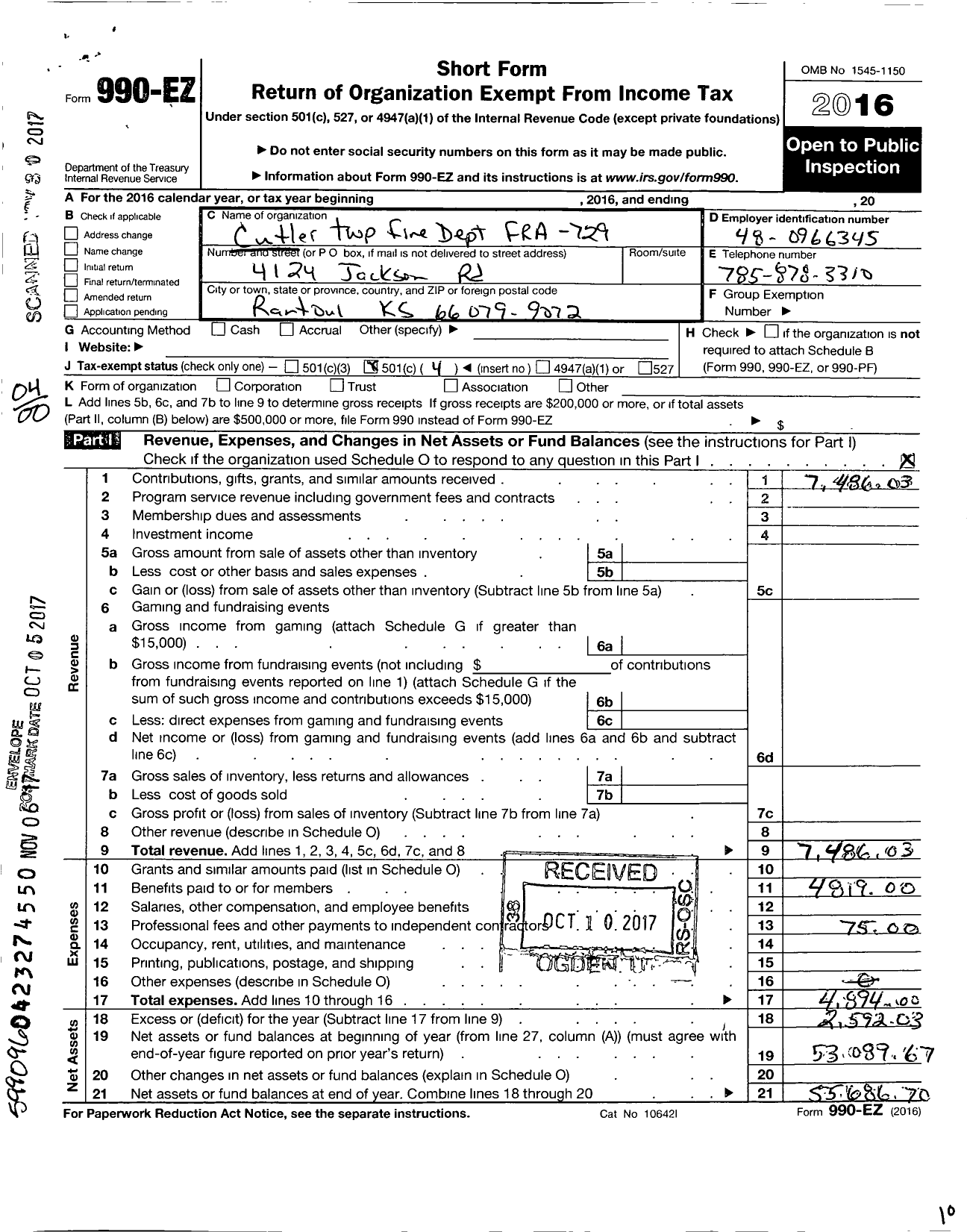 Image of first page of 2016 Form 990EO for Cutler TWP Fire Dept Fra 729