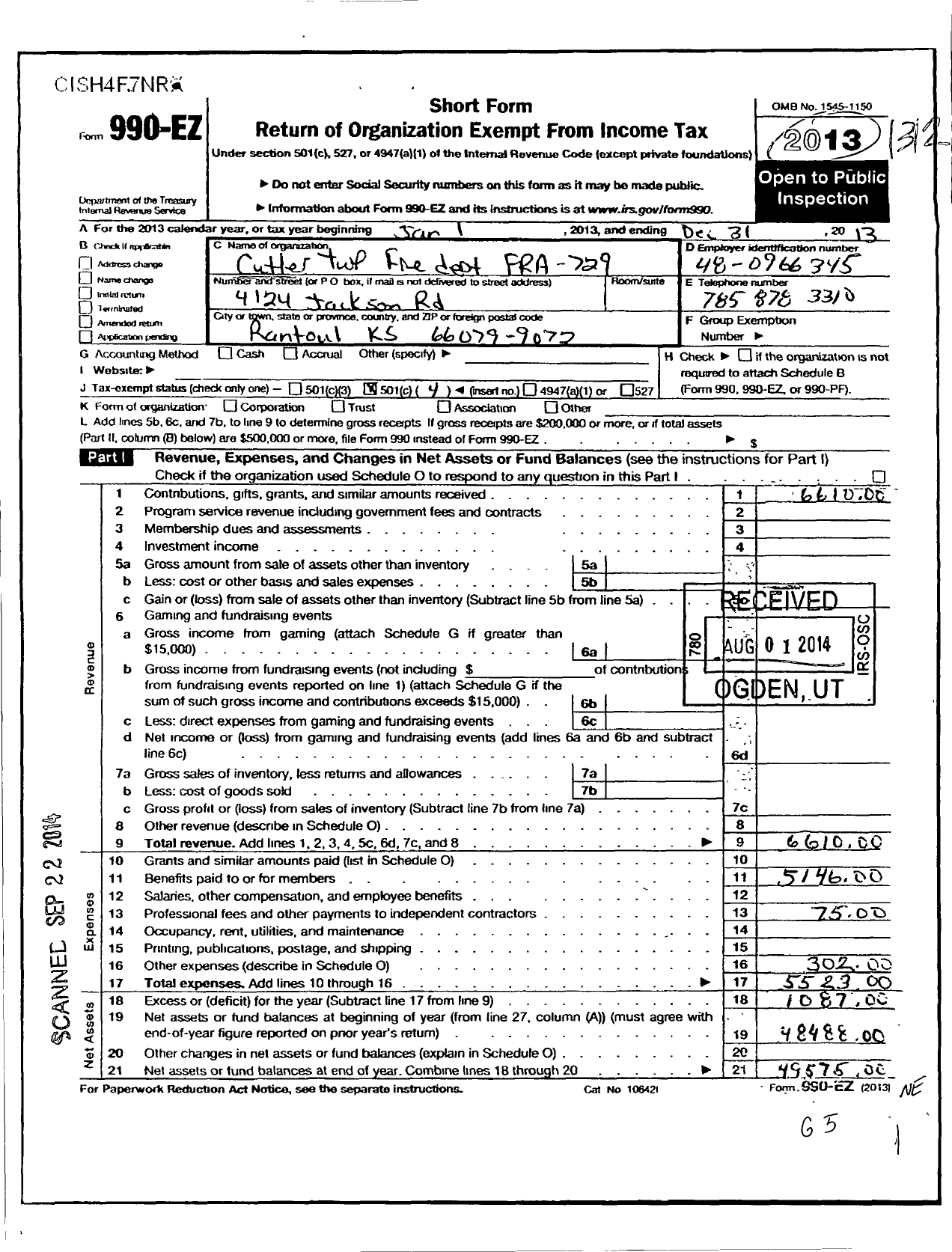 Image of first page of 2013 Form 990EO for Cutler TWP Fire Dept Fra 729