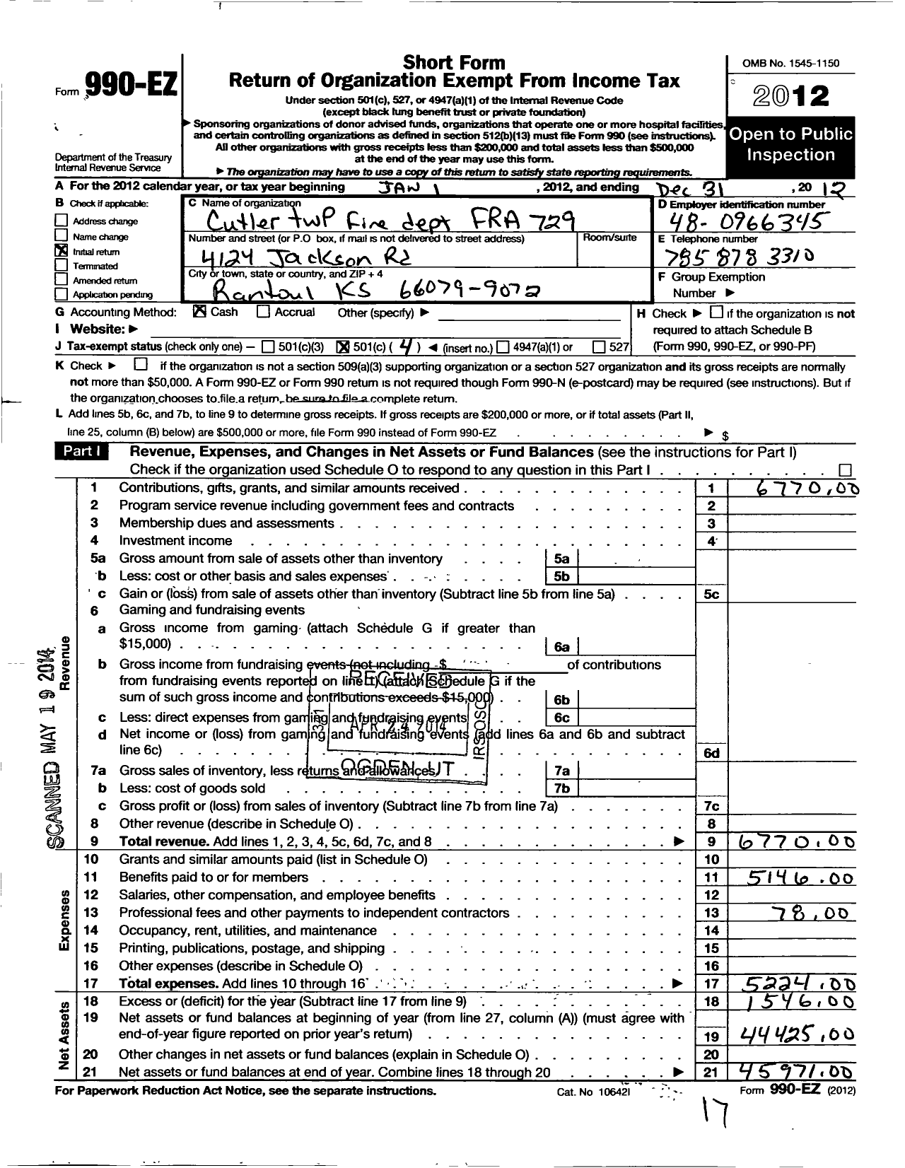 Image of first page of 2012 Form 990EO for Cutler TWP Fire Dept Fra 729