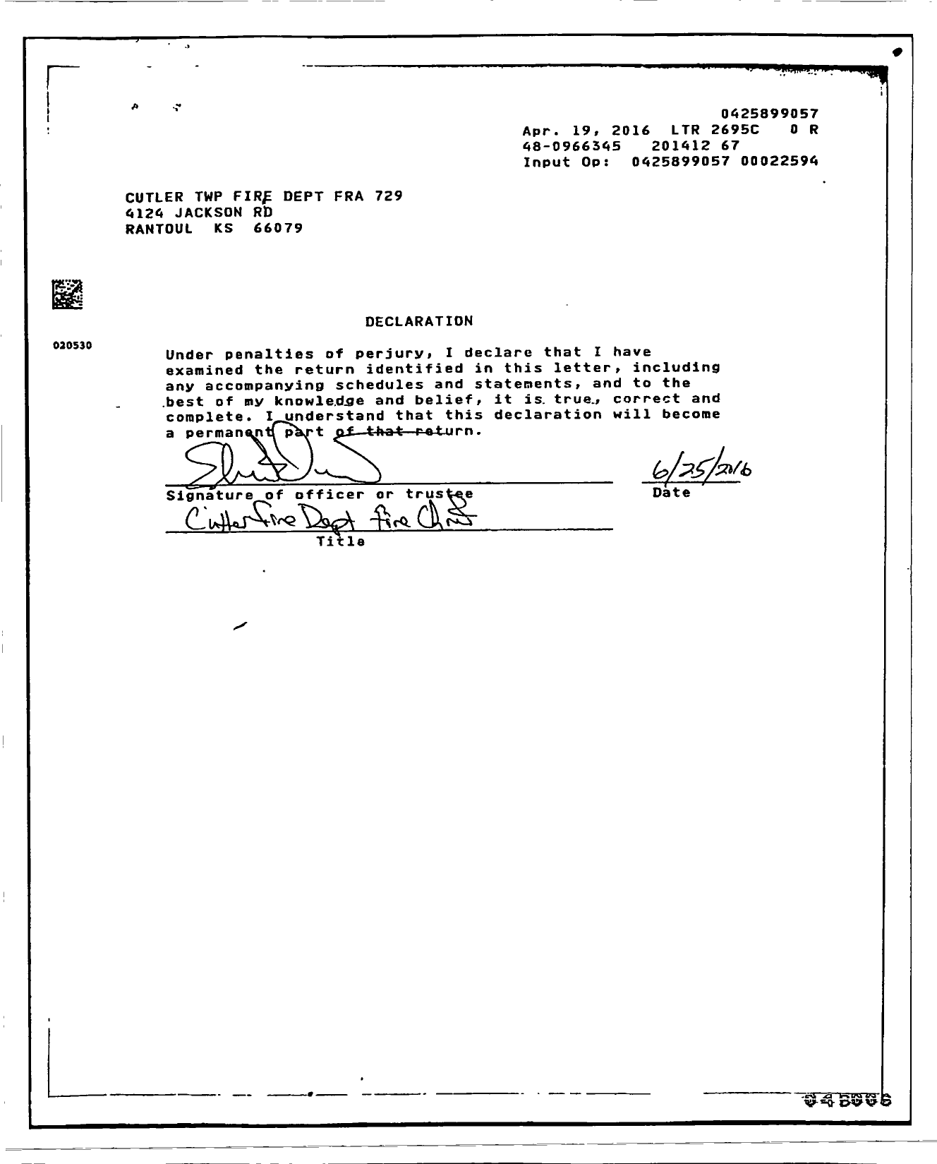 Image of first page of 2014 Form 990R for Cutler TWP Fire Dept Fra 729