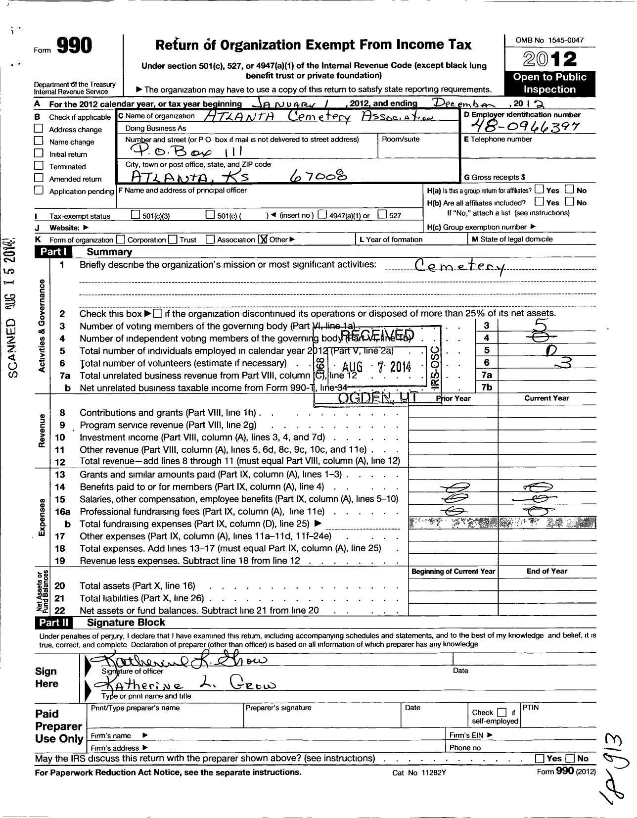 Image of first page of 2012 Form 990O for Atlanta Cemetery Association