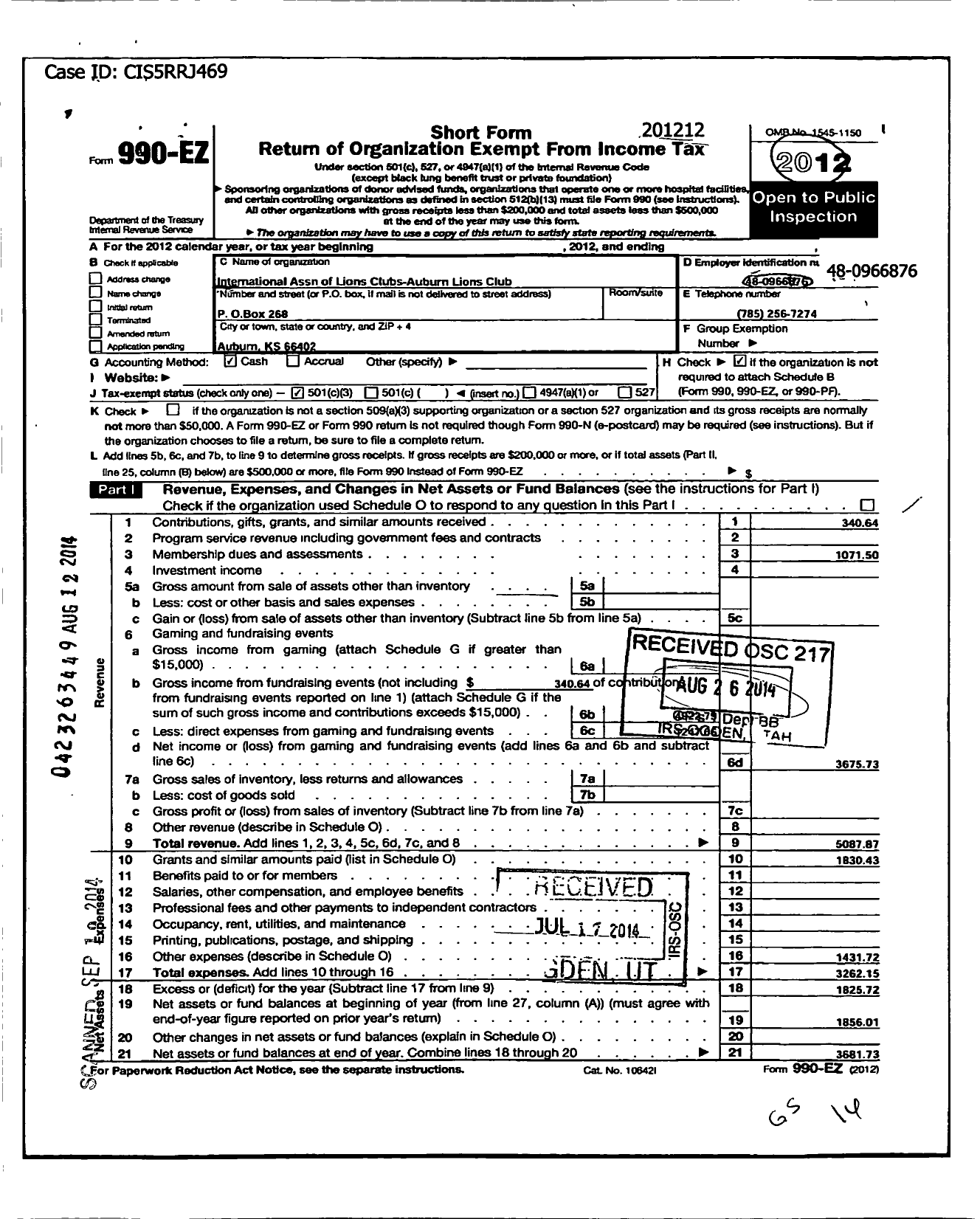 Image of first page of 2012 Form 990EZ for Lions Clubs - 6998 Auburn