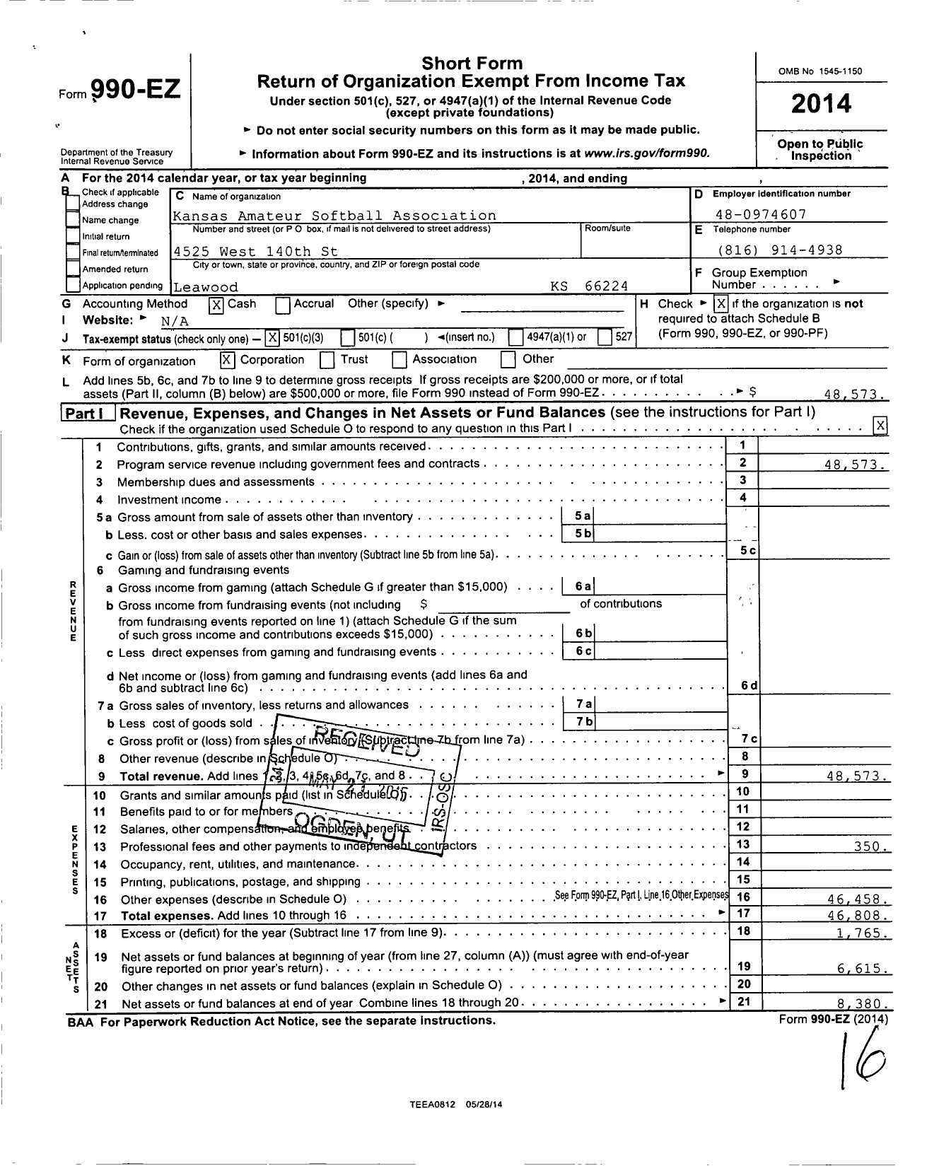 Image of first page of 2014 Form 990EZ for Kansas Amateur Softball Association