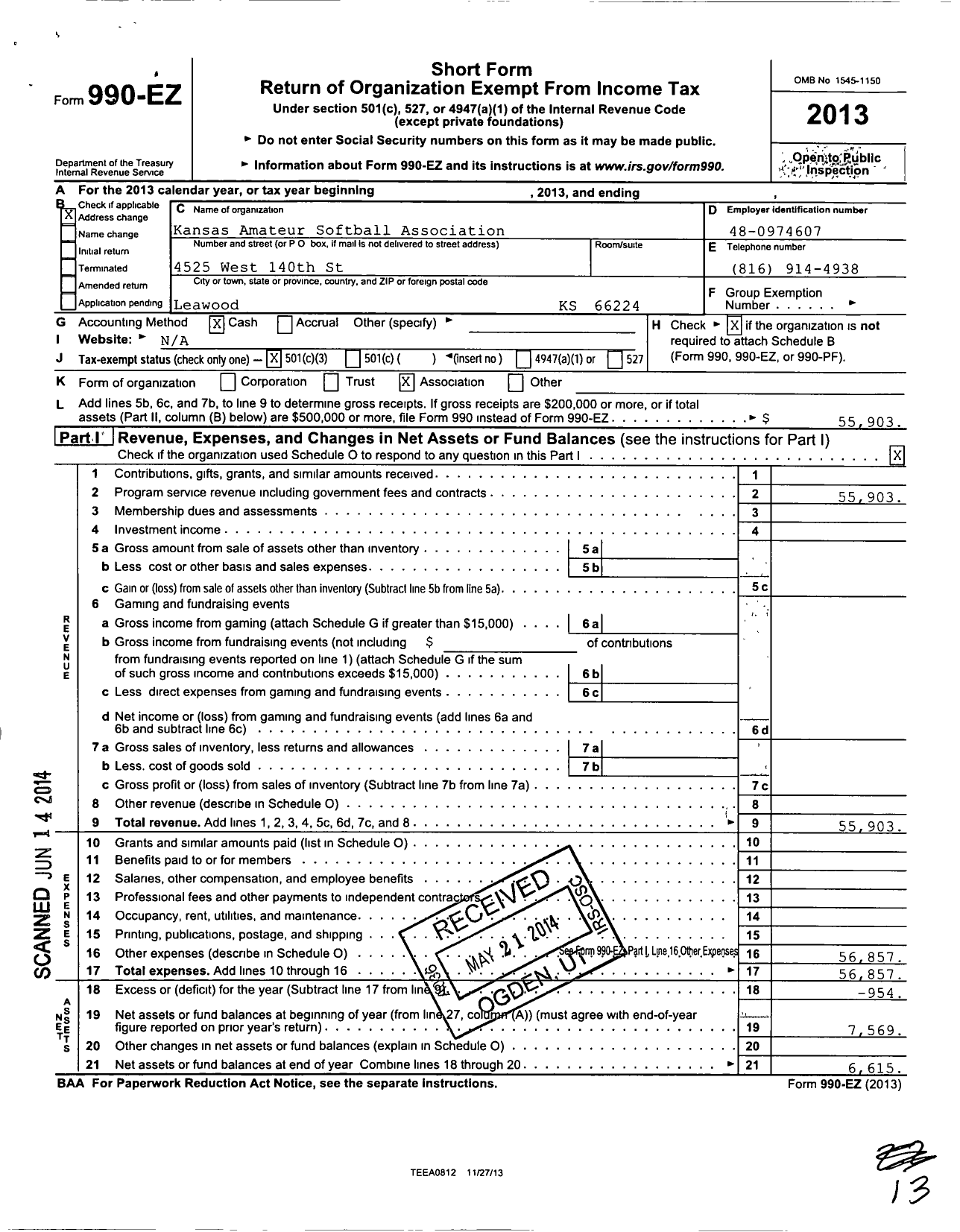 Image of first page of 2013 Form 990EZ for Kansas Amateur Softball Association