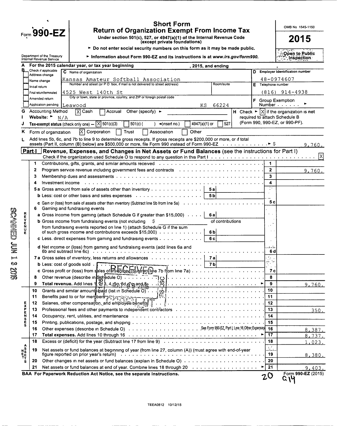 Image of first page of 2015 Form 990EZ for Kansas Amateur Softball Association