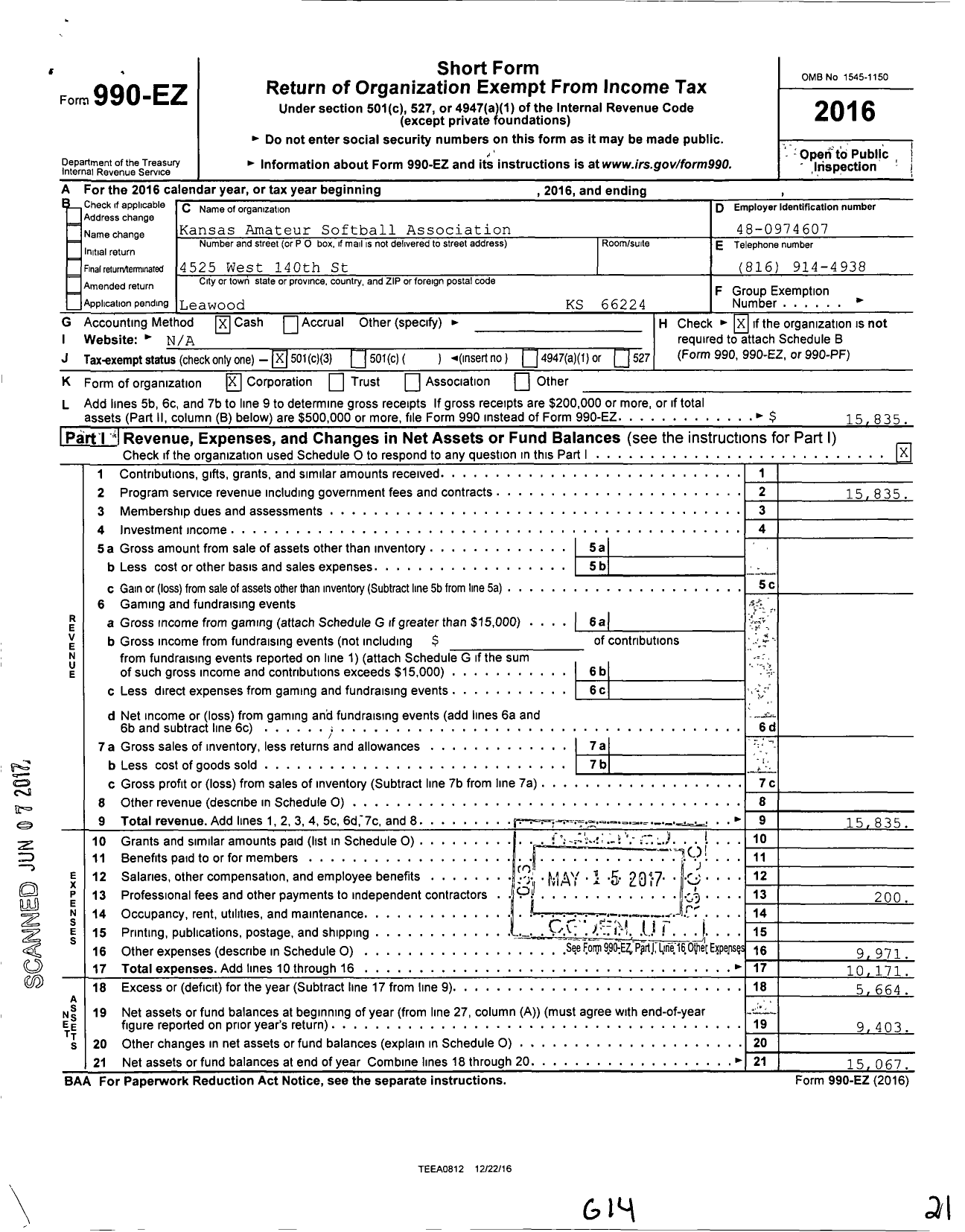 Image of first page of 2016 Form 990EZ for Kansas Amateur Softball Association