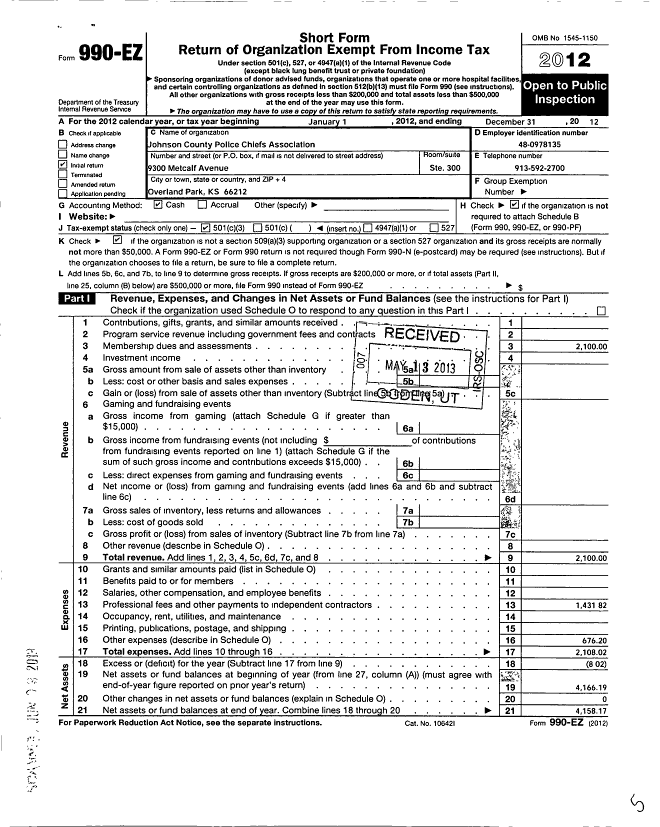 Image of first page of 2012 Form 990EZ for Johnson County Police Chiefs Association