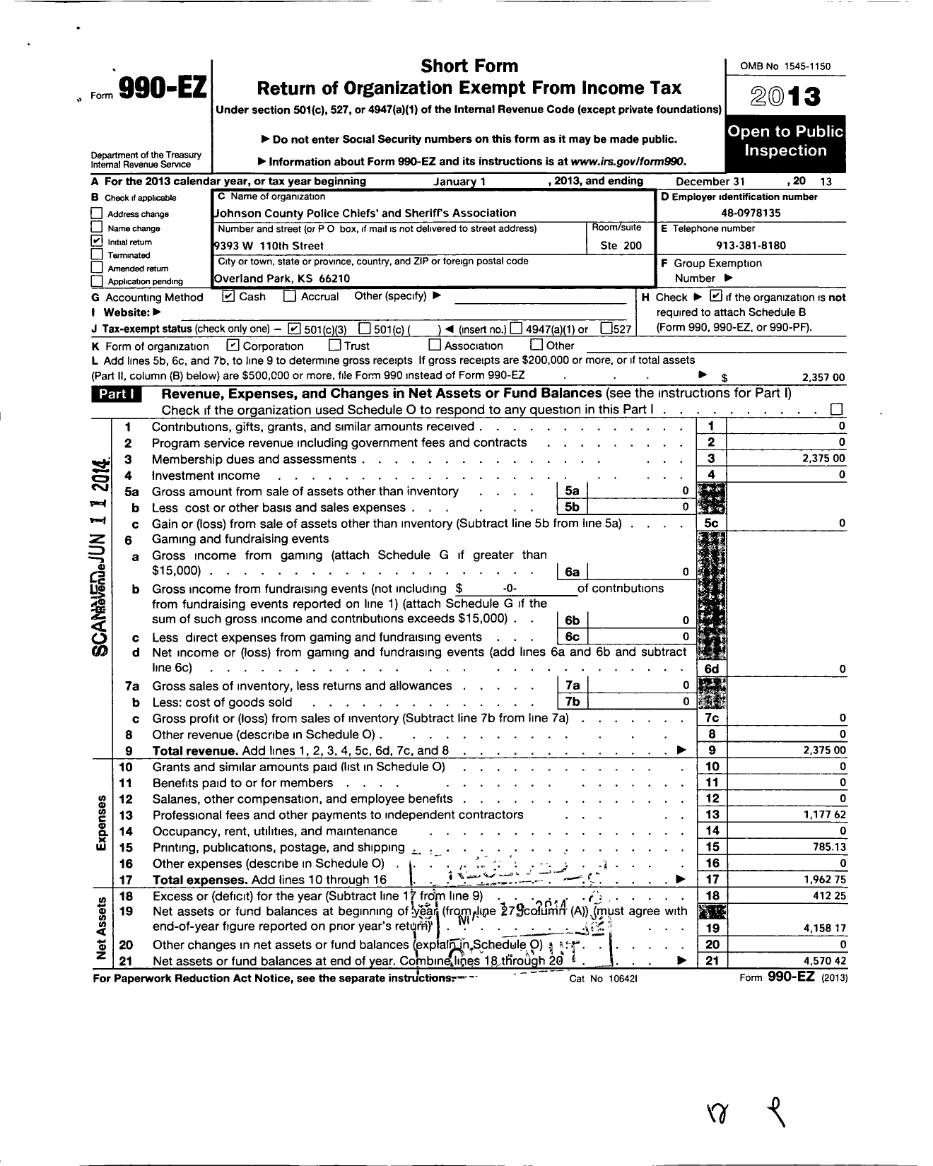 Image of first page of 2013 Form 990EZ for Johnson County Police Chiefs Association