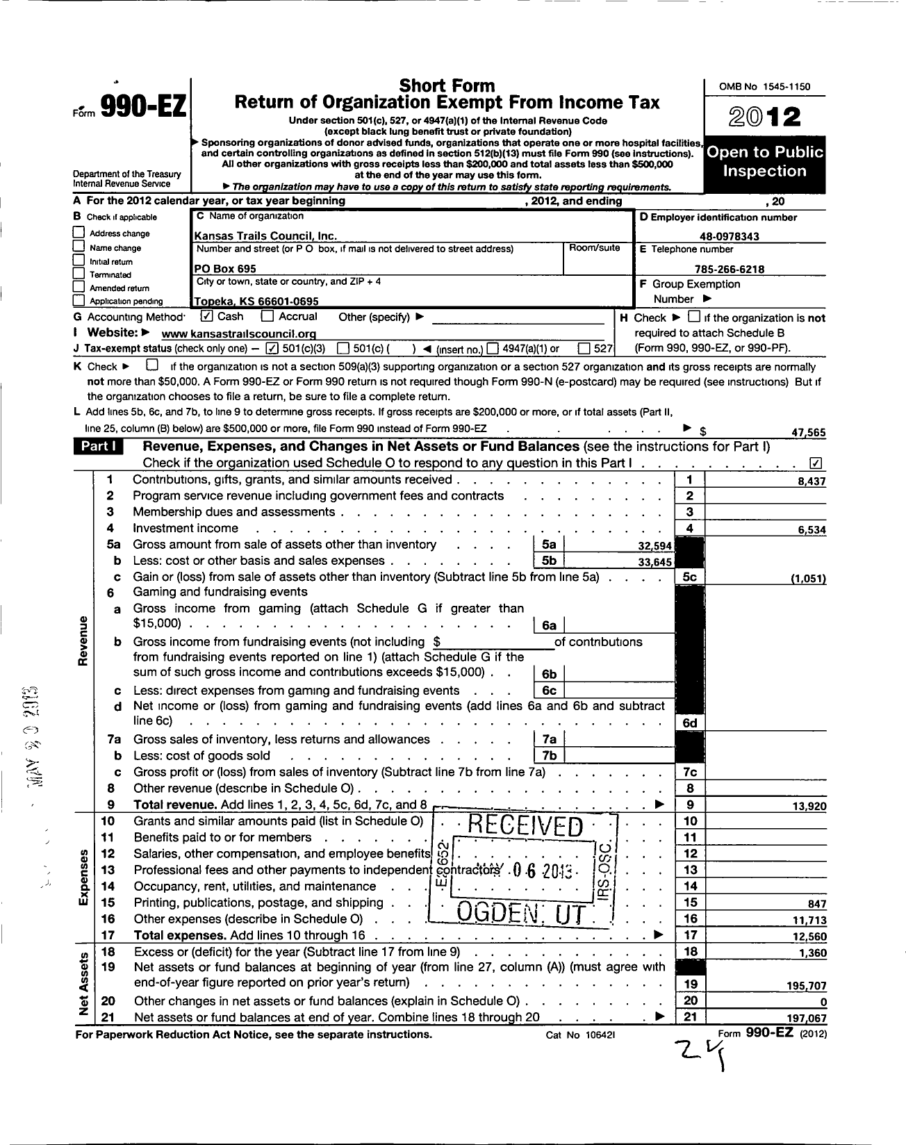 Image of first page of 2012 Form 990EZ for Kansas Trails Council