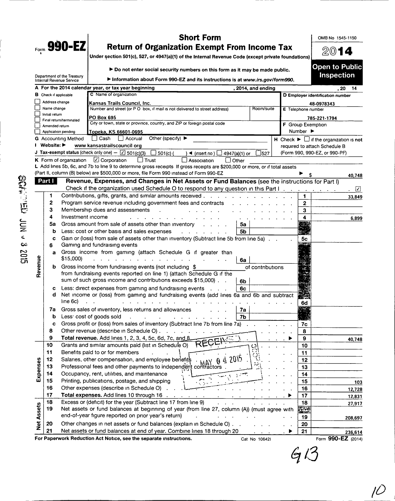 Image of first page of 2014 Form 990EZ for Kansas Trails Council