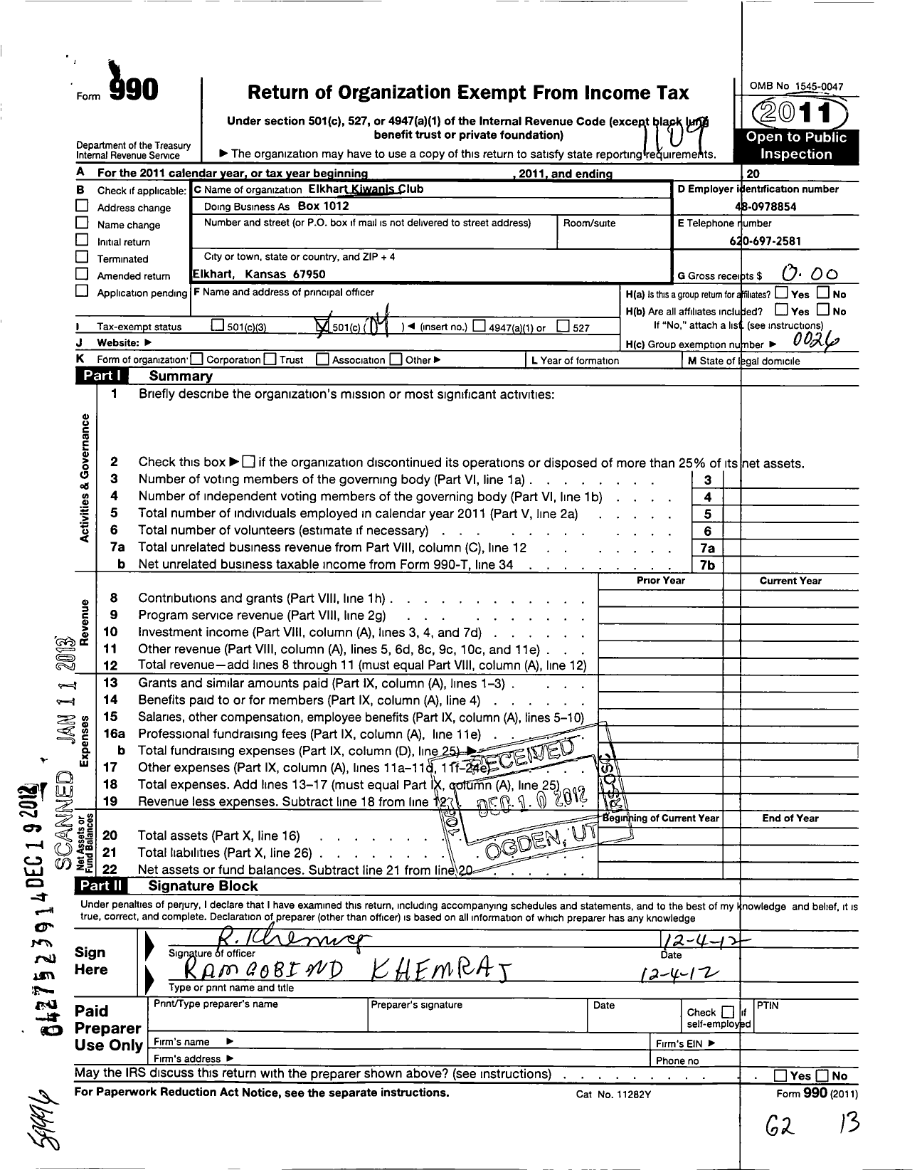 Image of first page of 2010 Form 990O for Kiwanis International - K11138 Elkhart