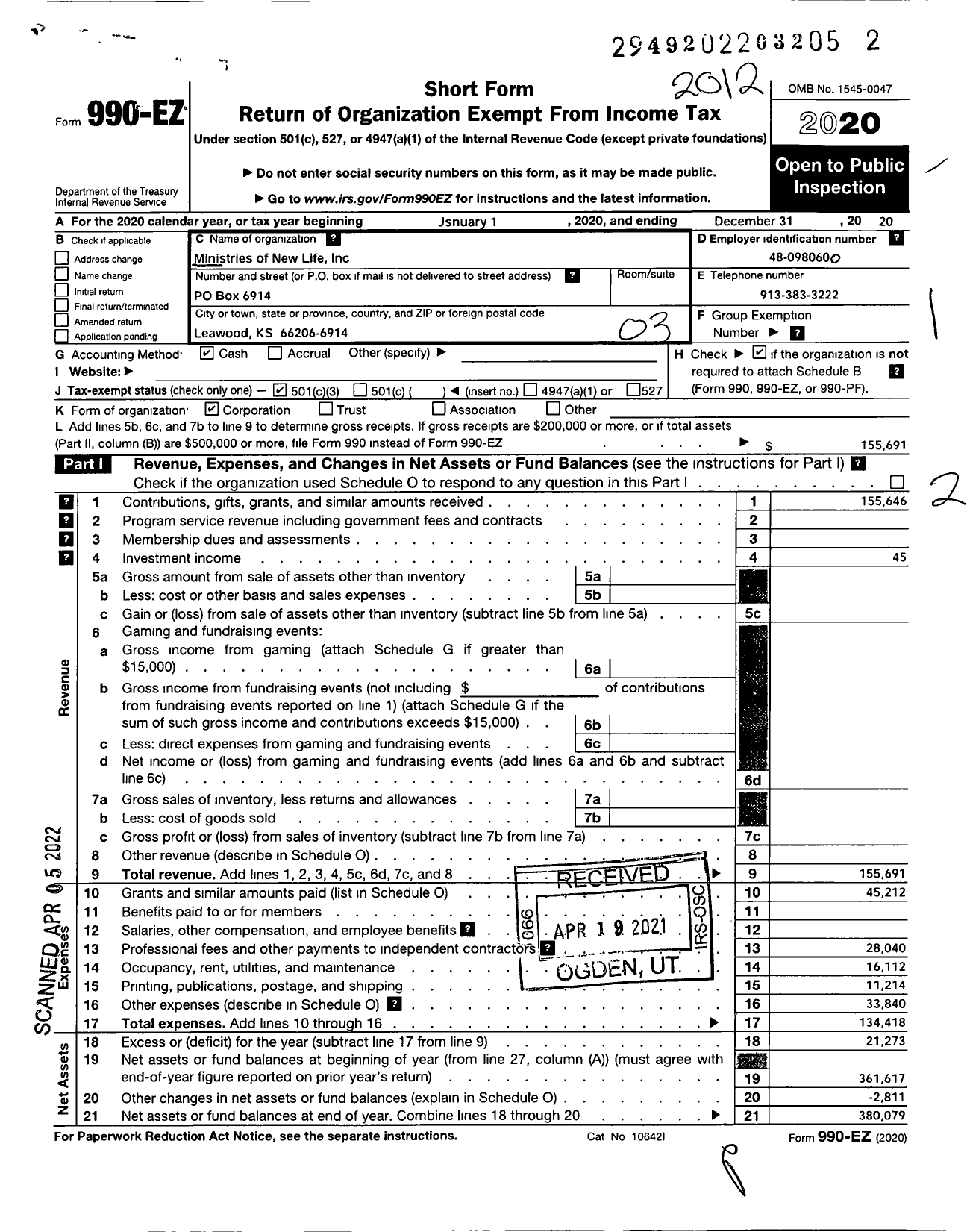 Image of first page of 2020 Form 990EZ for Ministries of New Life