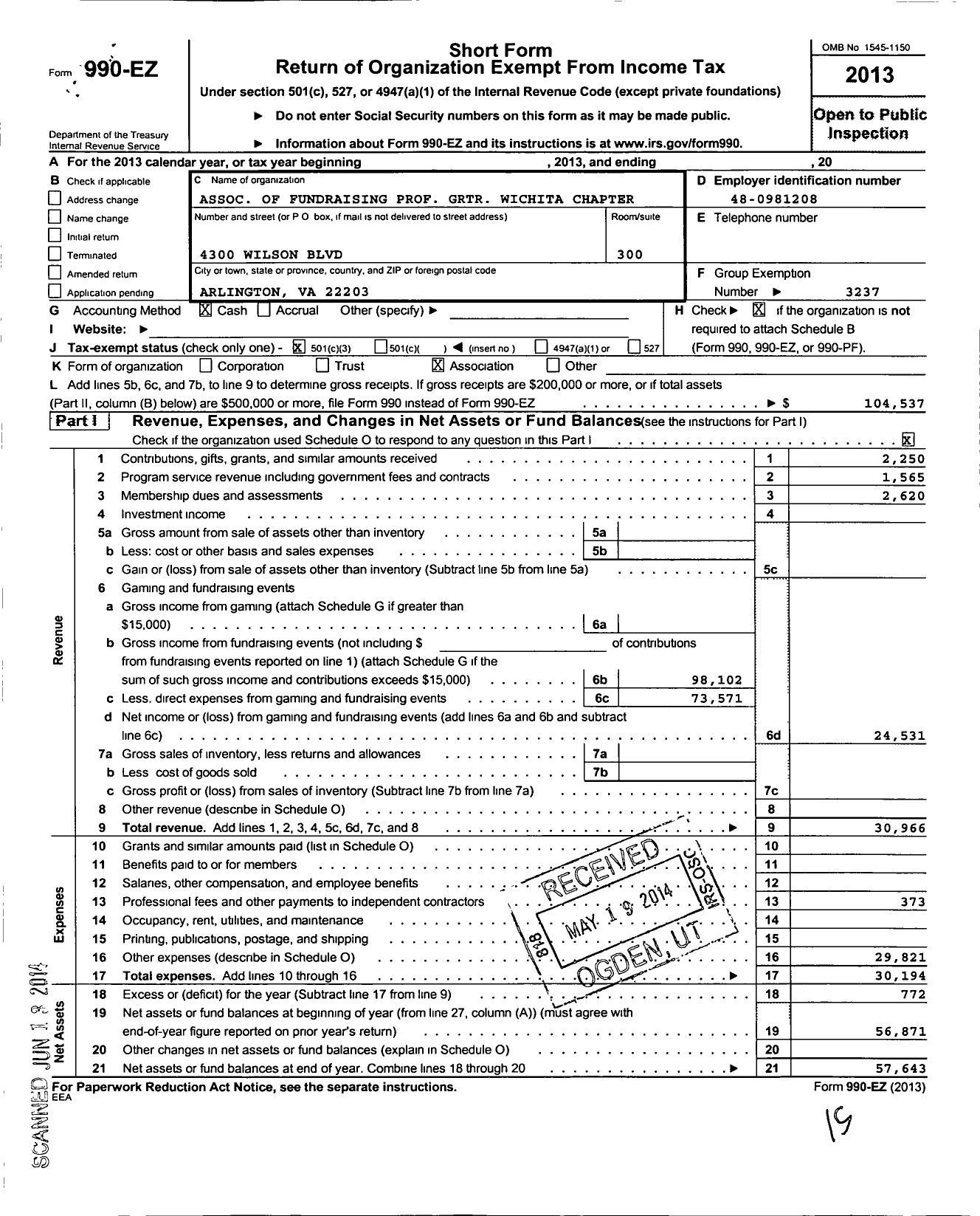 Image of first page of 2013 Form 990EZ for Association of Fundraising Professionals - Ks-Greater Wichita Chapter