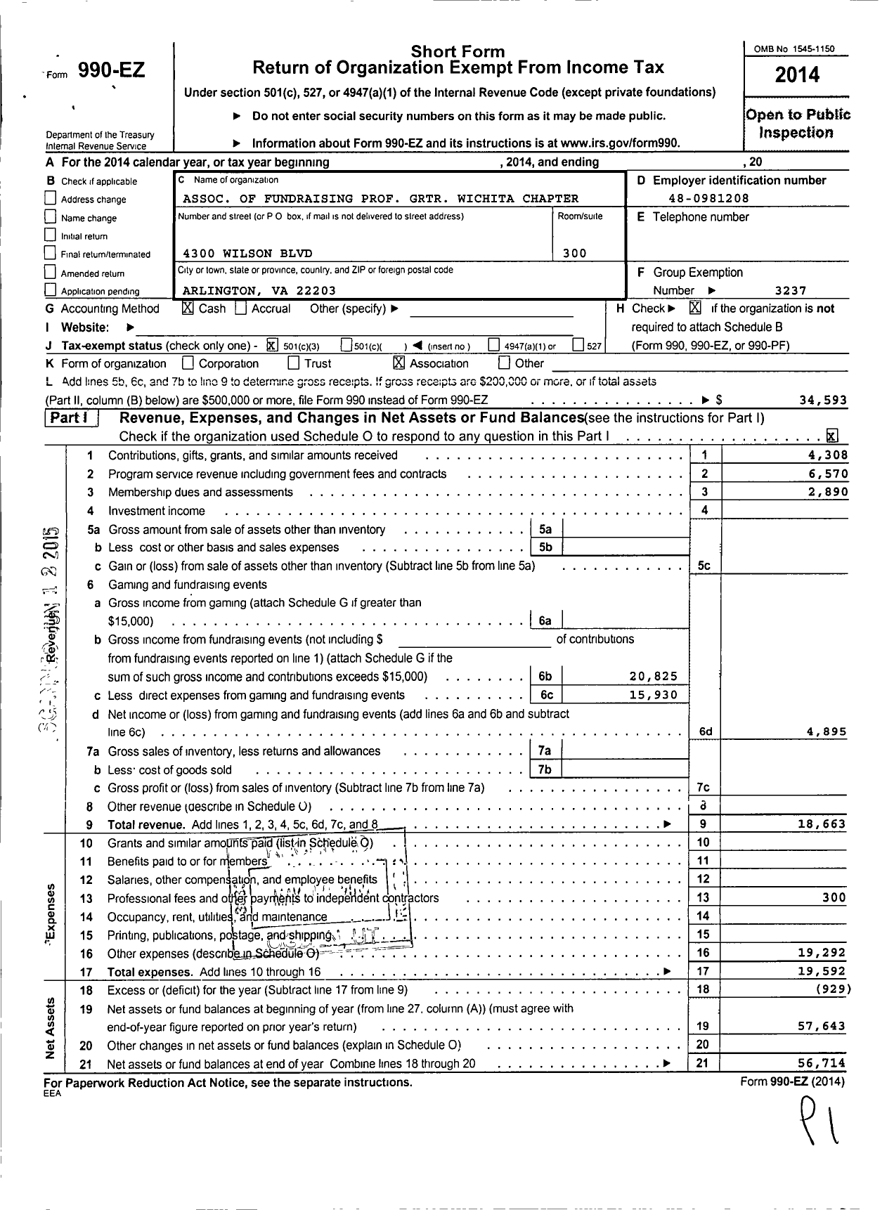 Image of first page of 2014 Form 990EZ for Association of Fundraising Professionals - Ks-Greater Wichita Chapter