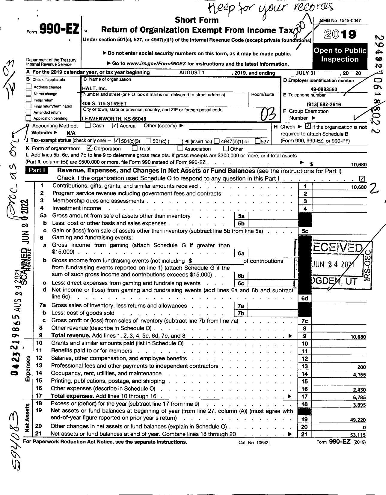 Image of first page of 2019 Form 990EZ for Halt