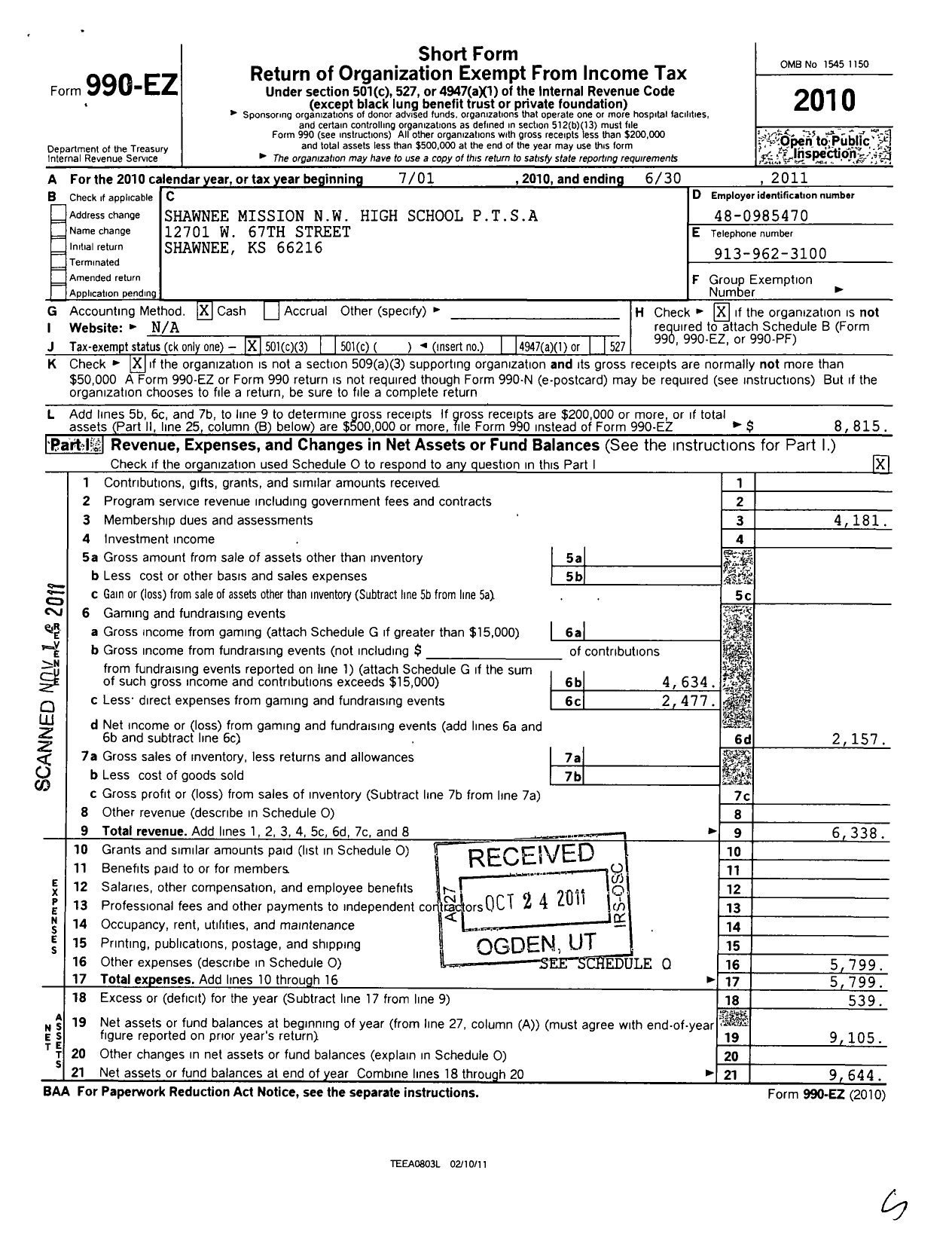 Image of first page of 2010 Form 990EZ for PTA Kansas Congress of Parents and Teachers / Shawnee Mission NW High School Ptsa