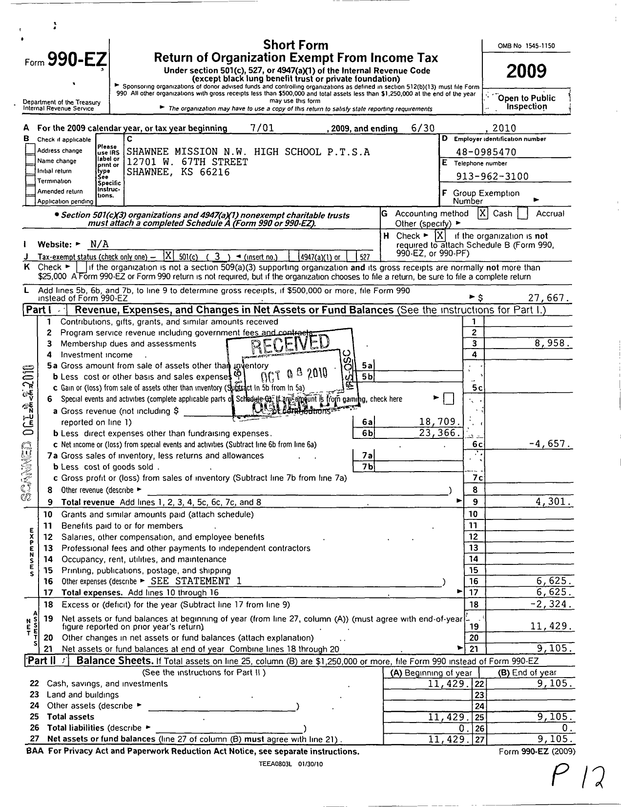 Image of first page of 2009 Form 990EZ for PTA Kansas Congress of Parents and Teachers / Shawnee Mission NW High School Ptsa