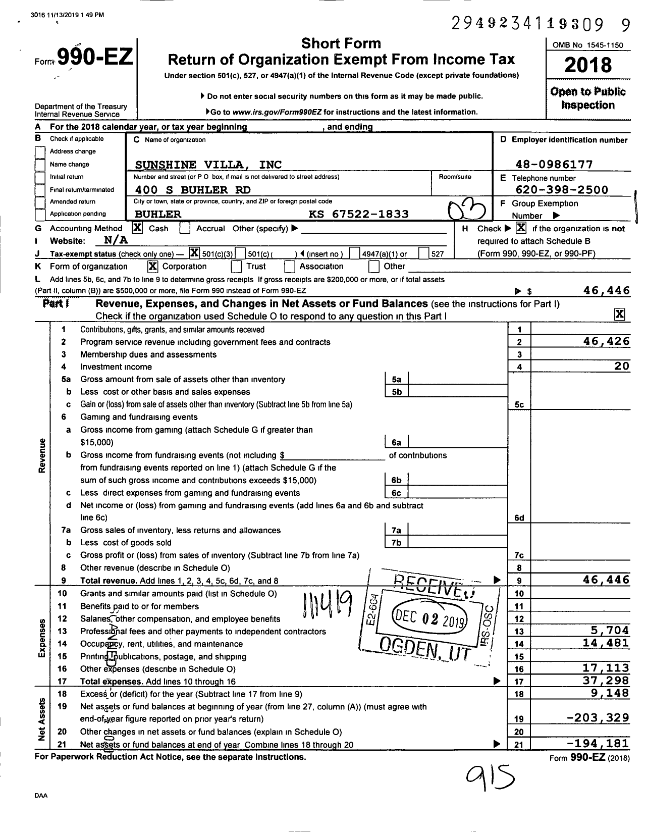 Image of first page of 2018 Form 990EZ for Sunshine Villa