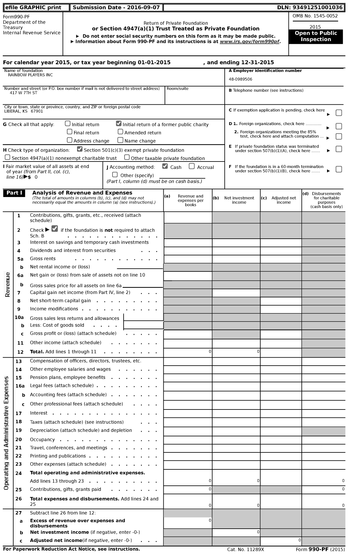 Image of first page of 2015 Form 990PF for Rainbow Players