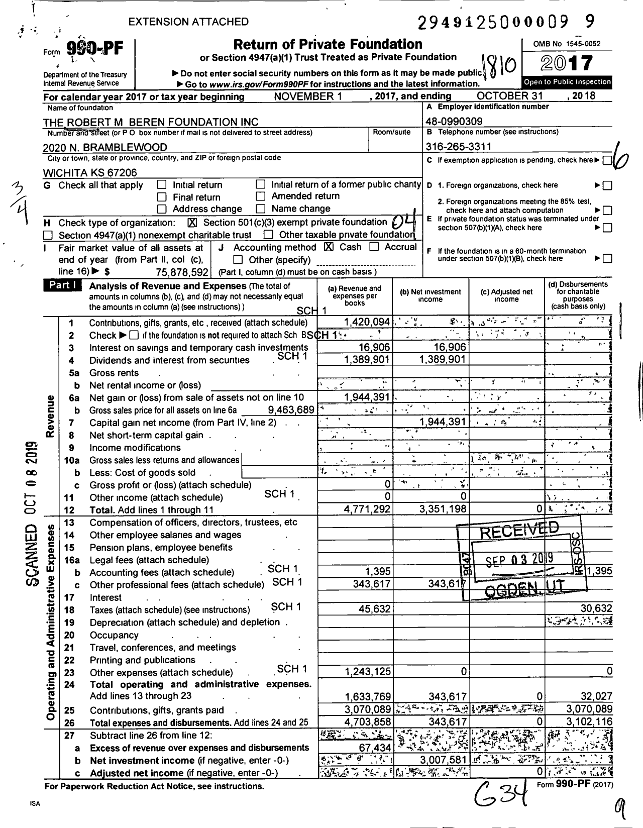 Image of first page of 2017 Form 990PF for Robert M Beren Family Foundation