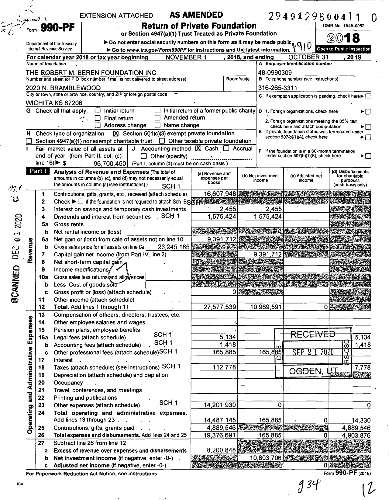 Image of first page of 2018 Form 990PF for Robert M Beren Family Foundation