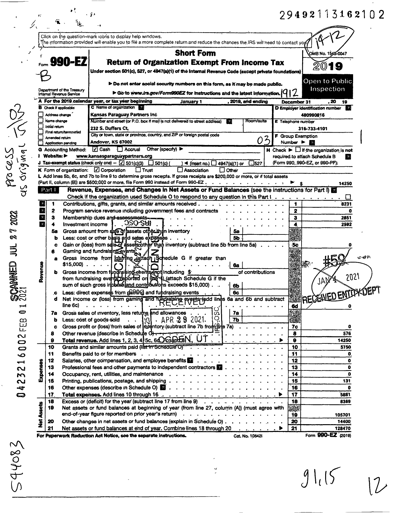 Image of first page of 2019 Form 990EZ for Kansas Paraguay Partners