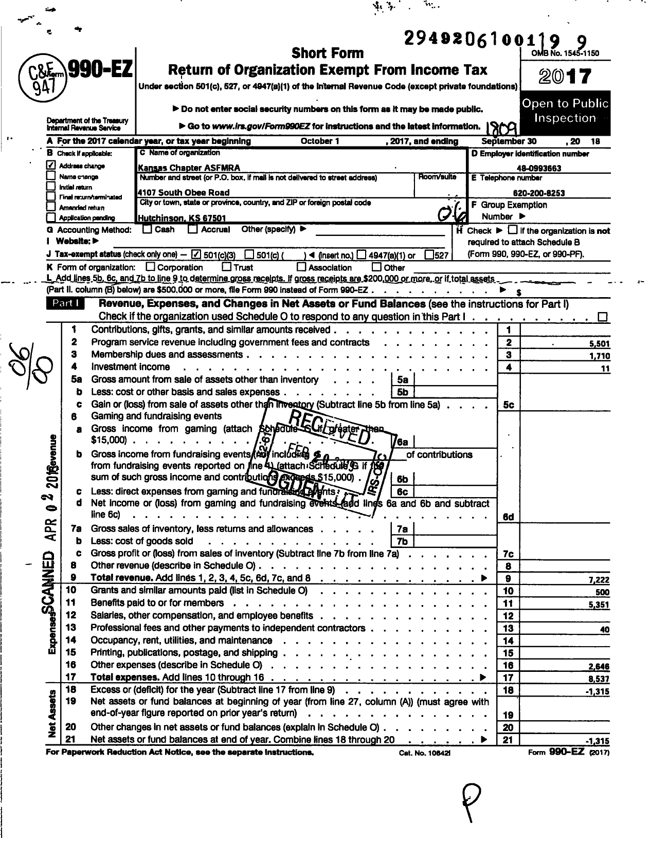 Image of first page of 2017 Form 990EO for Kansas Chapter of the American Society of Farm Managers and