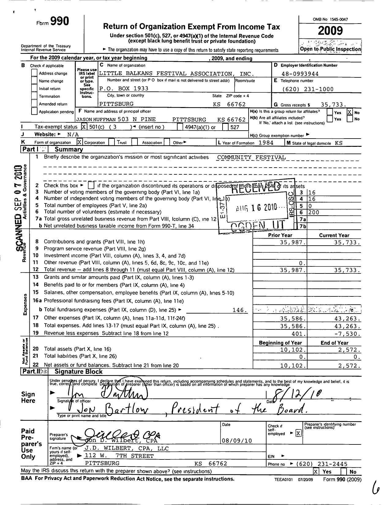 Image of first page of 2009 Form 990 for Little Balkans Festival Association