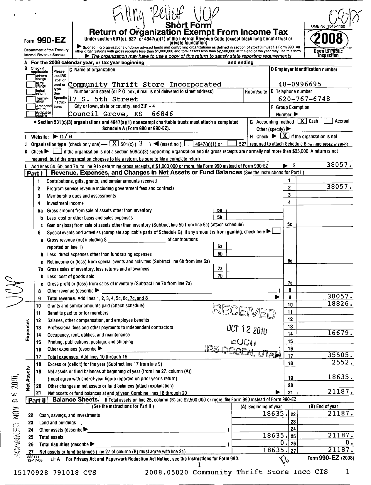 Image of first page of 2008 Form 990EZ for Community Thrift Store Incorporated