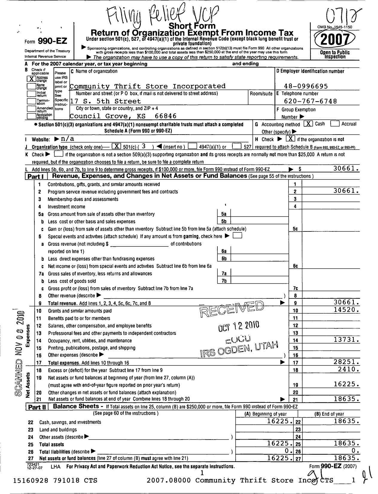 Image of first page of 2007 Form 990EZ for Community Thrift Store Incorporated