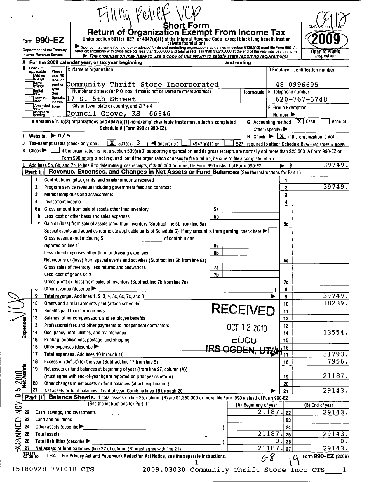 Image of first page of 2009 Form 990EZ for Community Thrift Store Incorporated